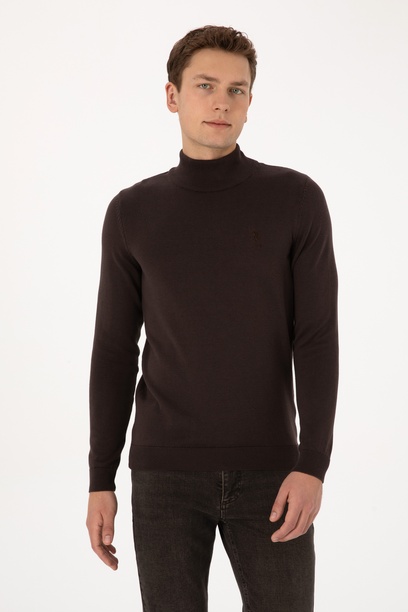 Erkek Slim Fit Yarım Balıkçı Yaka Koyu Kahverengi Basic Kazak