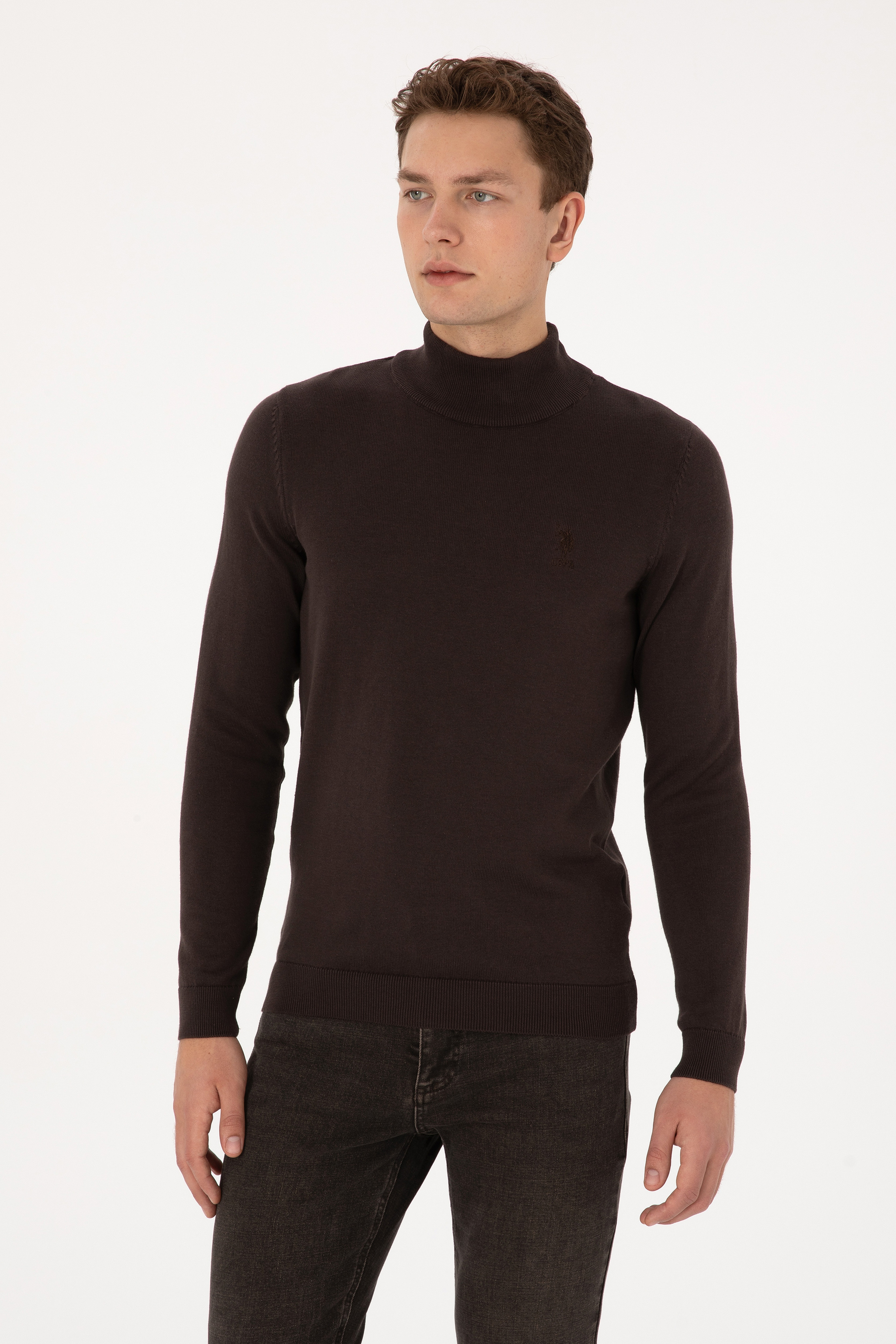 Erkek Slim Fit Yarım Balıkçı Yaka Koyu Kahverengi Basic Kazak - Image 3