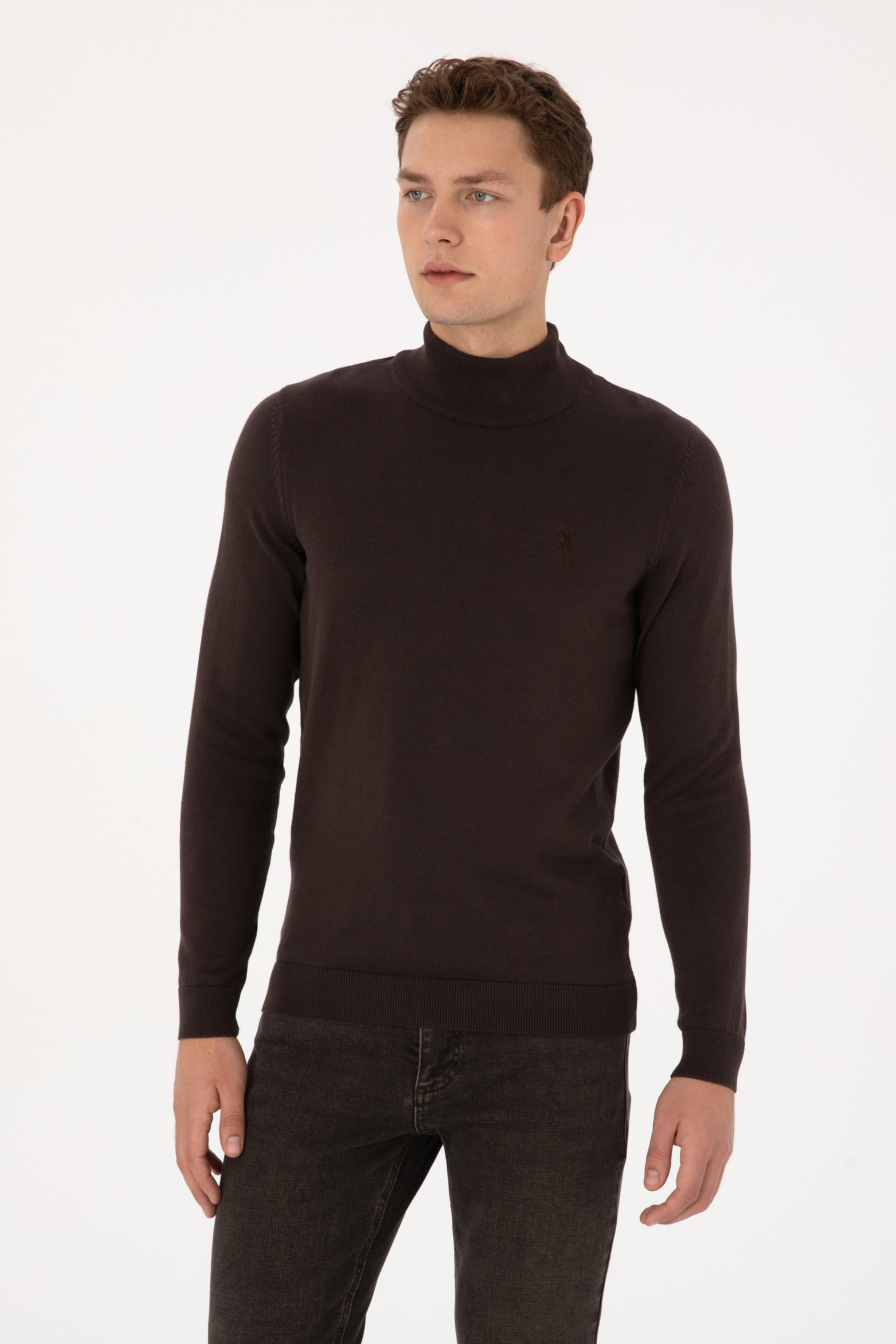 Erkek Slim Fit Yarım Balıkçı Yaka Koyu Kahverengi Basic Kazak