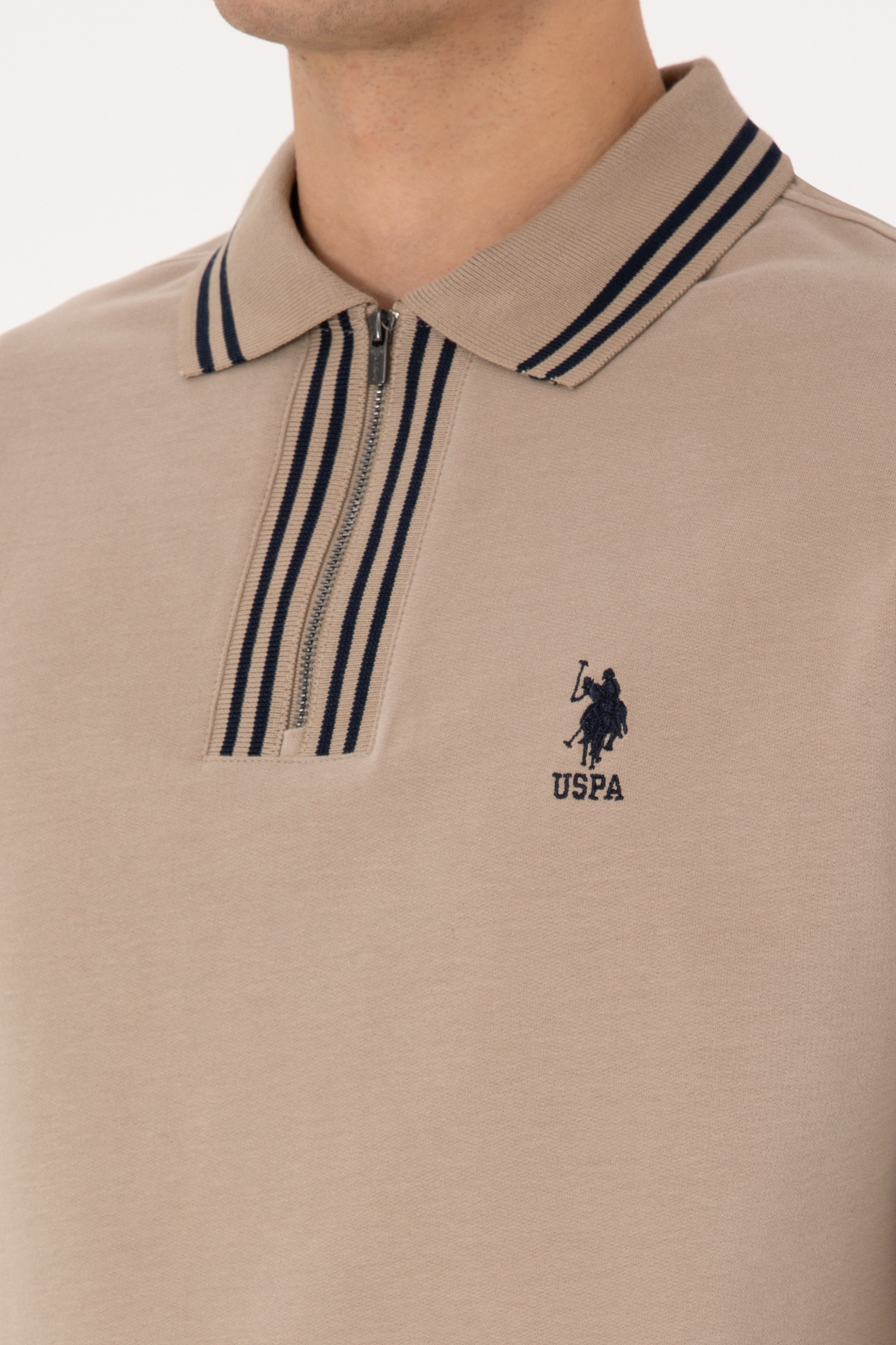 Erkek Comfort Fit Yarım Fermuarlı Koyu Bej Sweatshirt