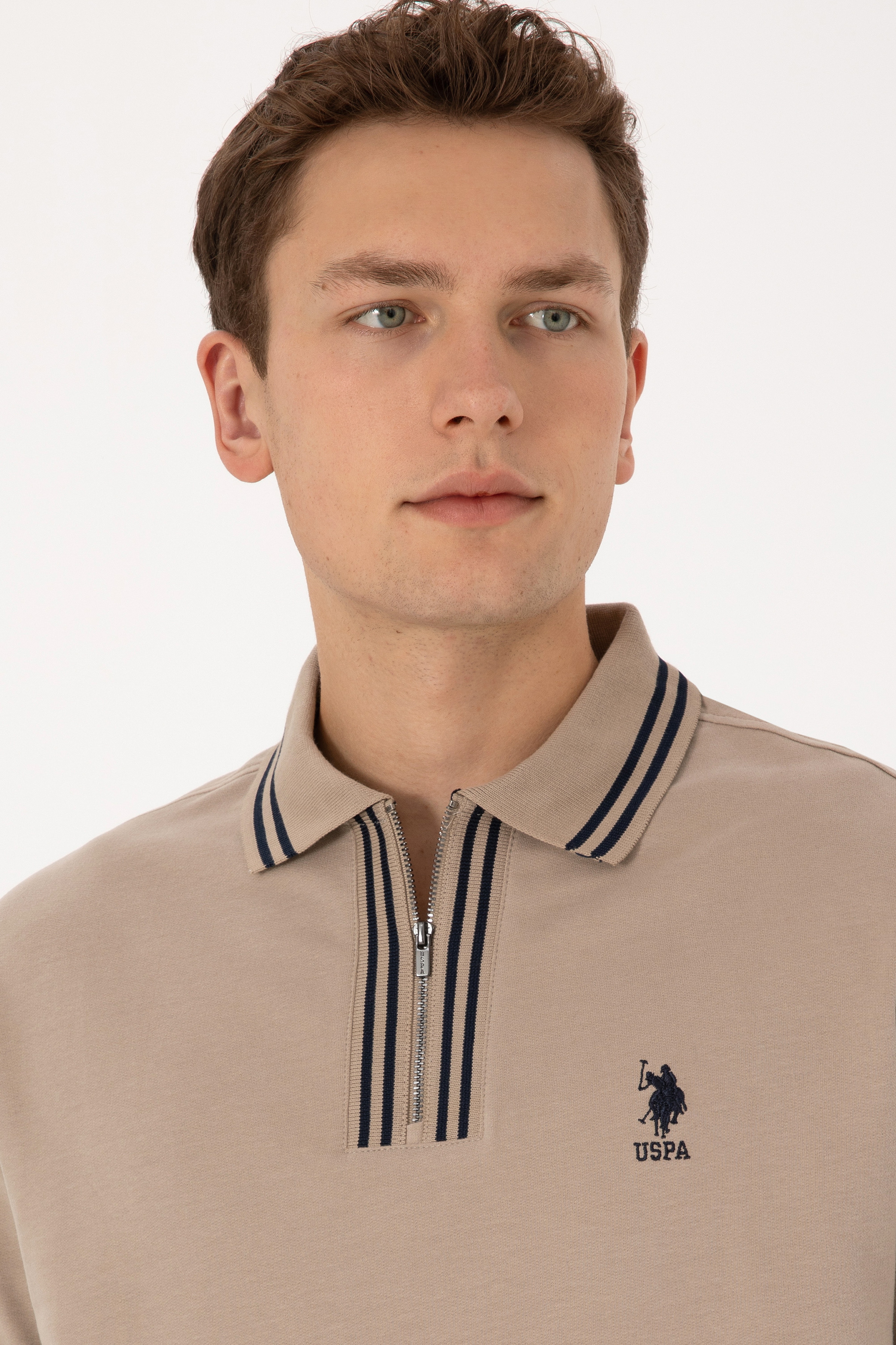 Erkek Comfort Fit Yarım Fermuarlı Koyu Bej Sweatshirt