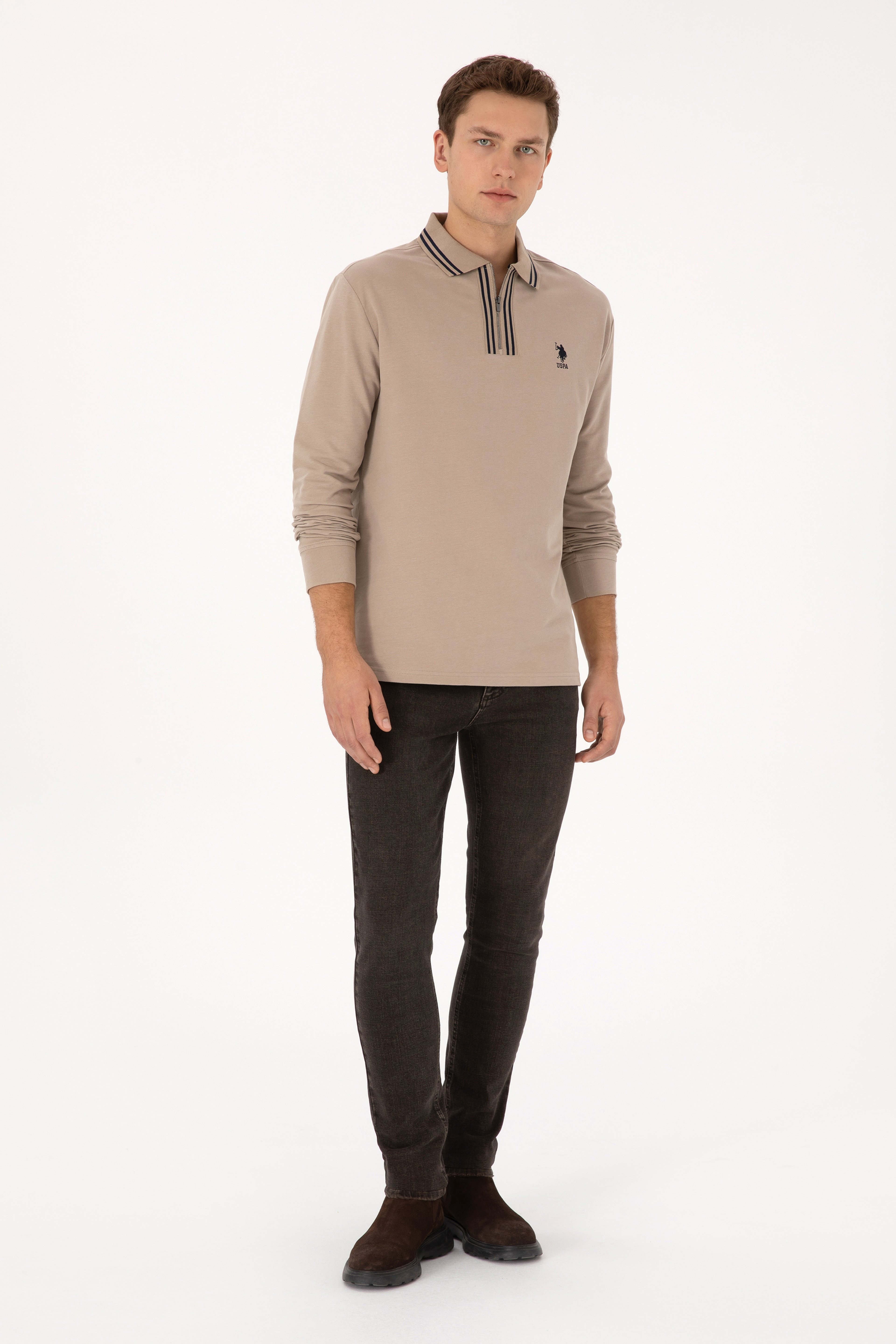 Erkek Comfort Fit Yarım Fermuarlı Koyu Bej Sweatshirt