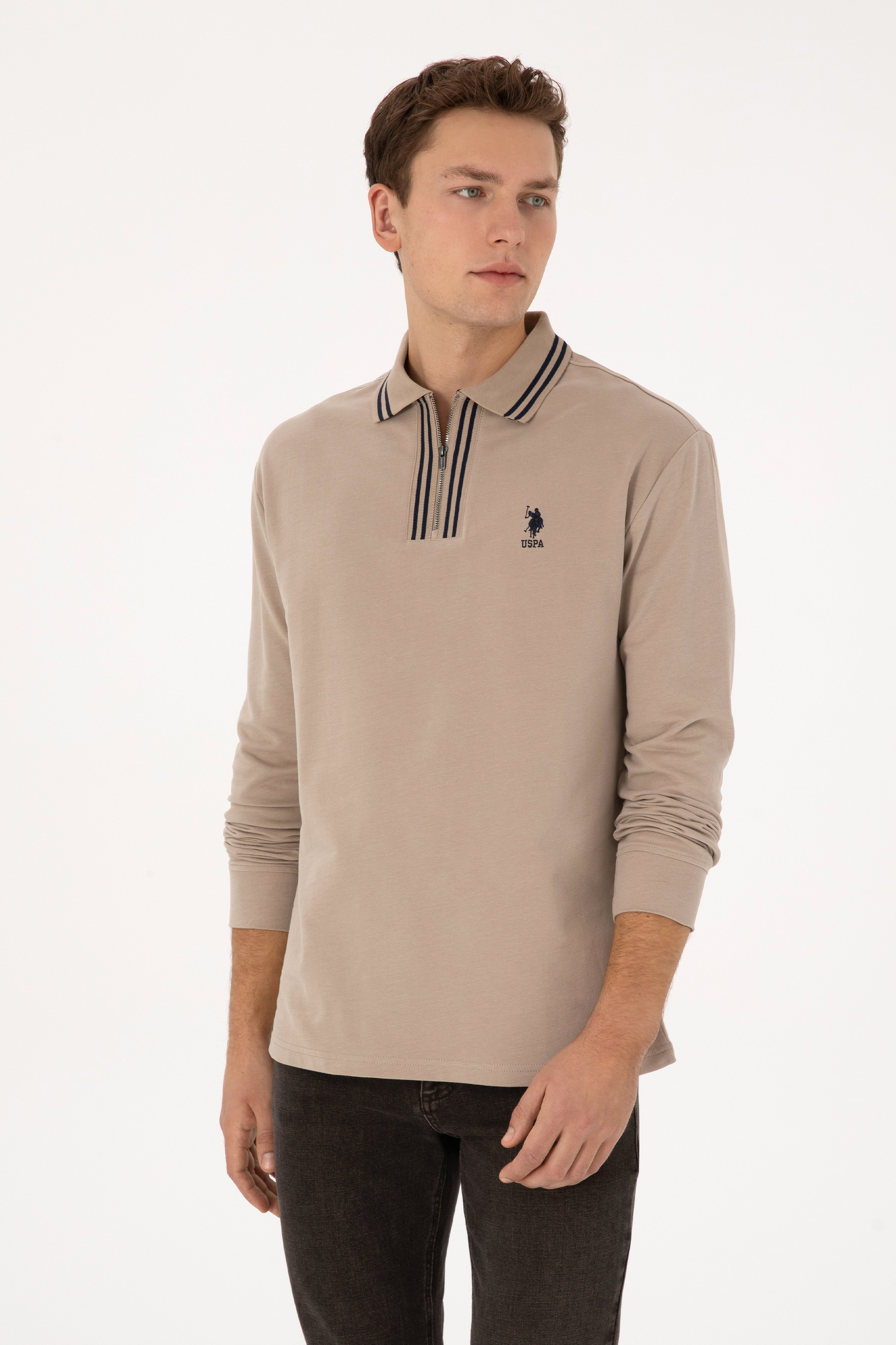 Erkek Comfort Fit Yarım Fermuarlı Koyu Bej Sweatshirt - Image 3