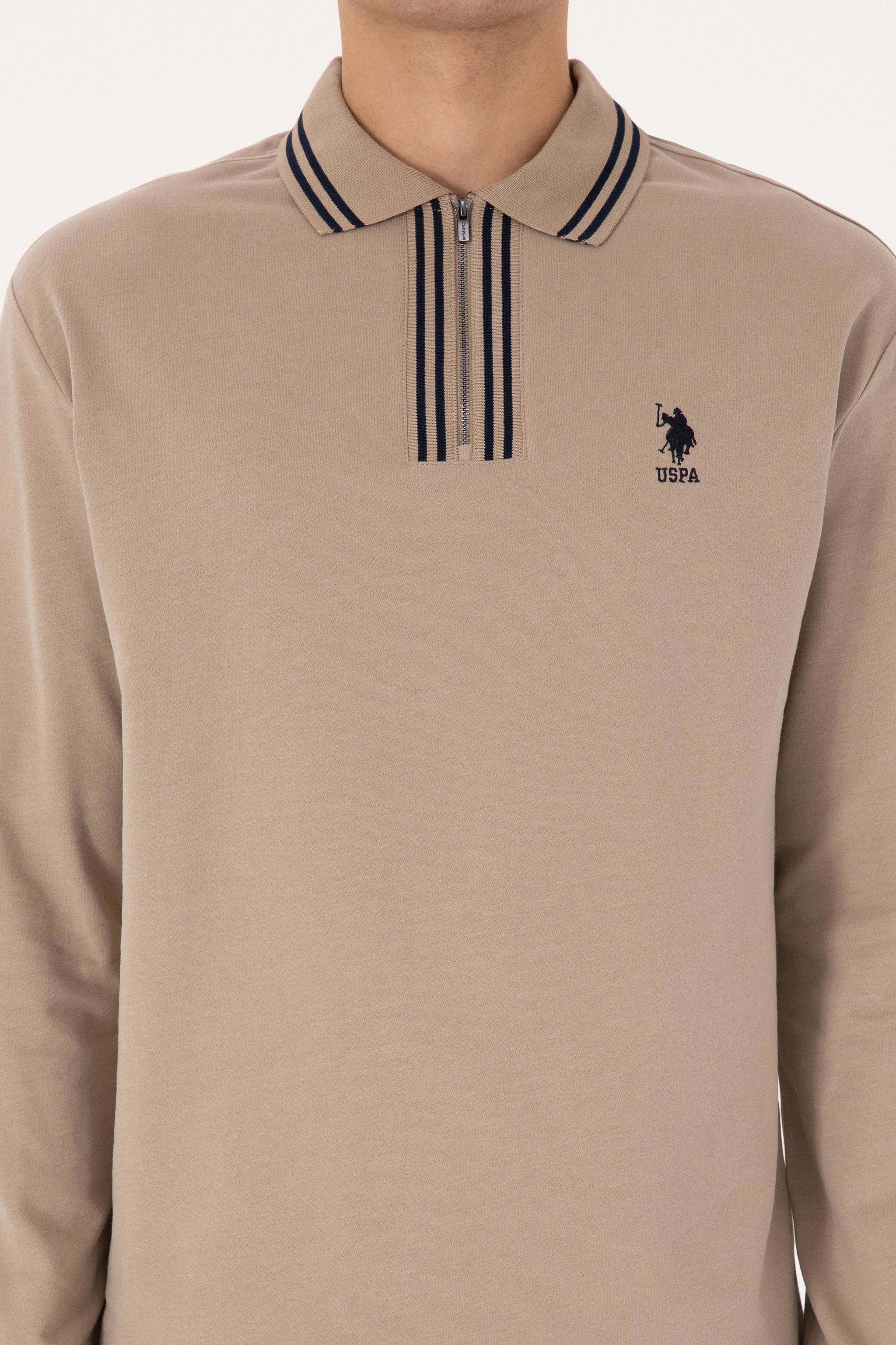 Erkek Comfort Fit Yarım Fermuarlı Koyu Bej Sweatshirt - Image 6