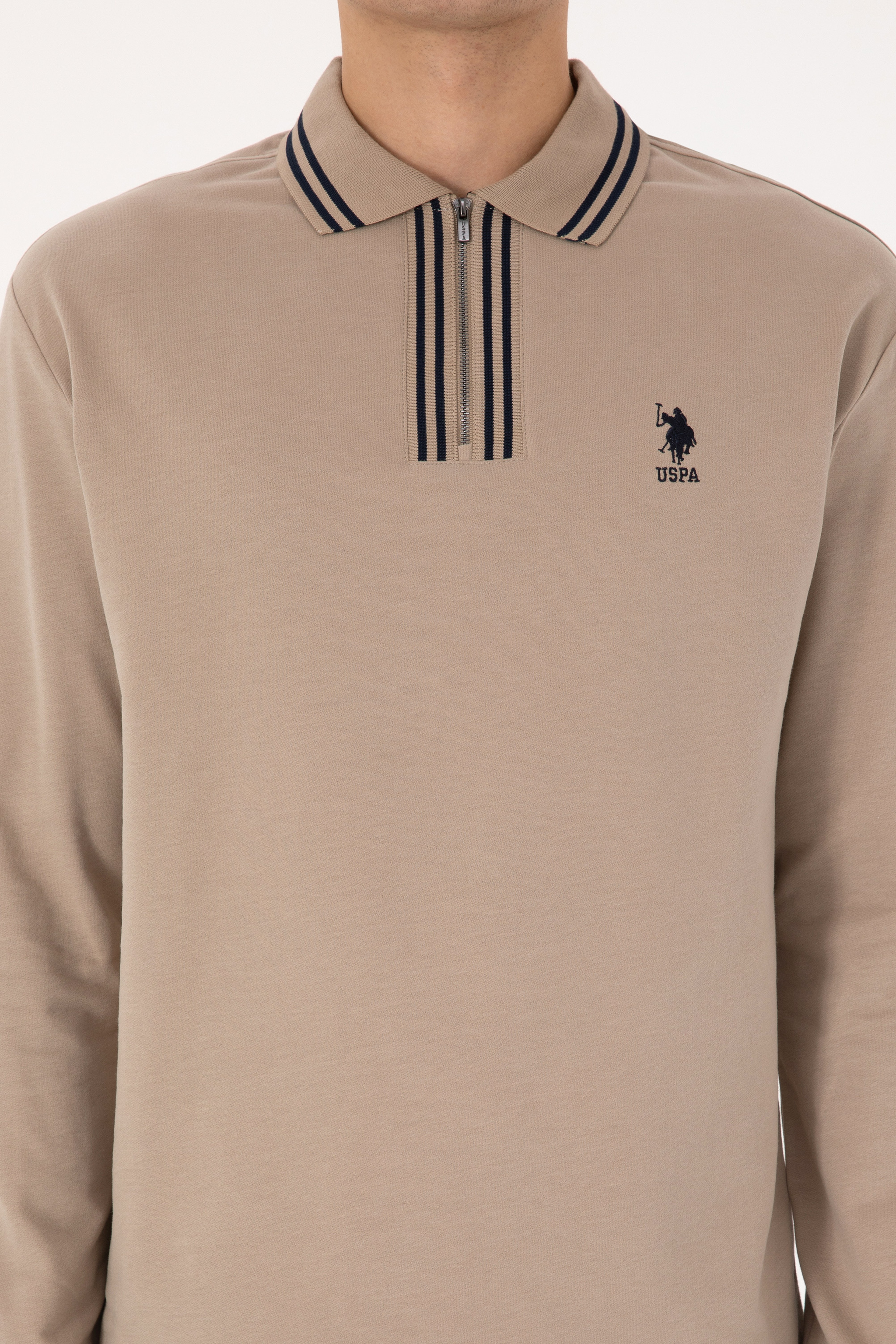 Erkek Comfort Fit Yarım Fermuarlı Koyu Bej Sweatshirt