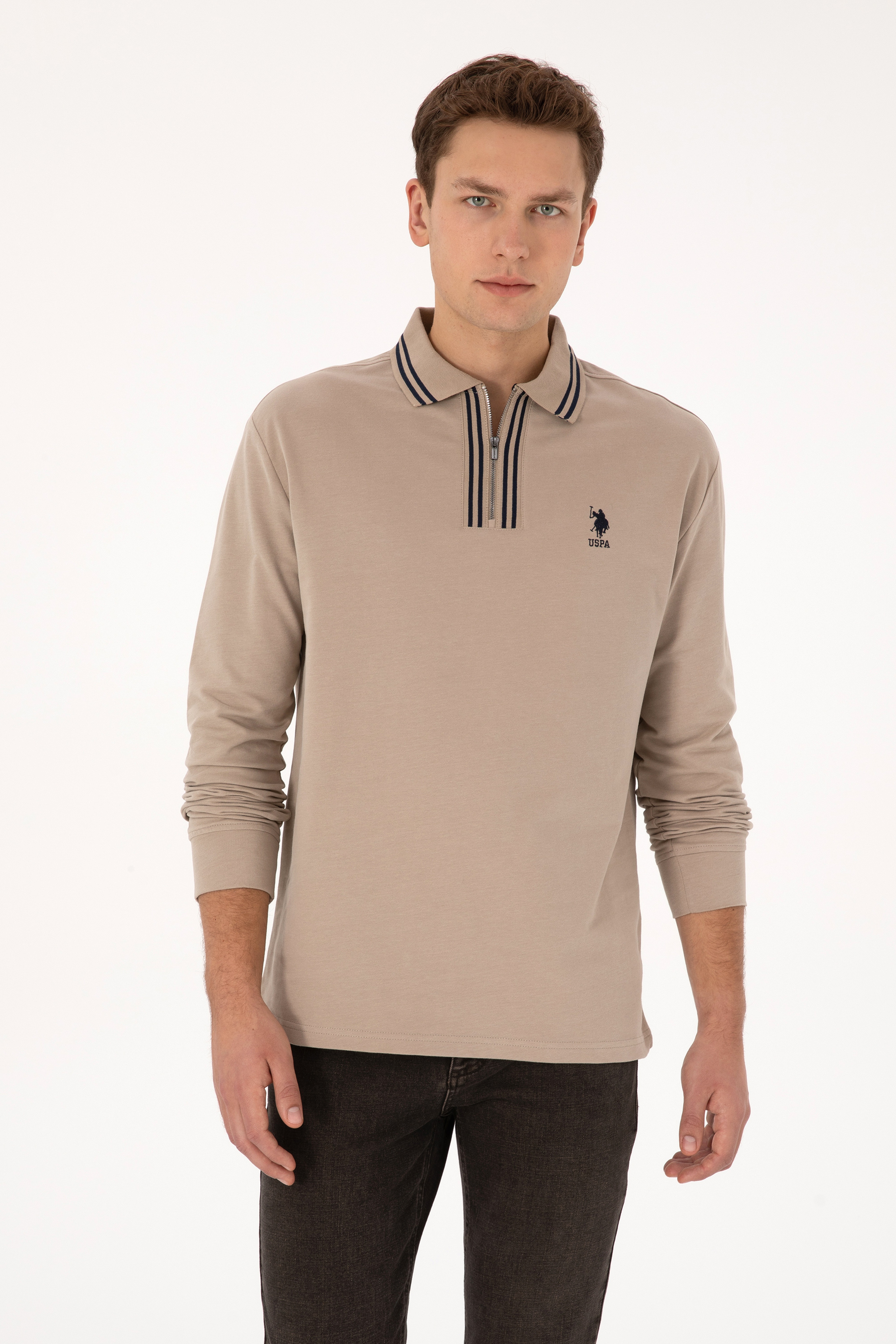 Erkek Comfort Fit Yarım Fermuarlı Koyu Bej Sweatshirt