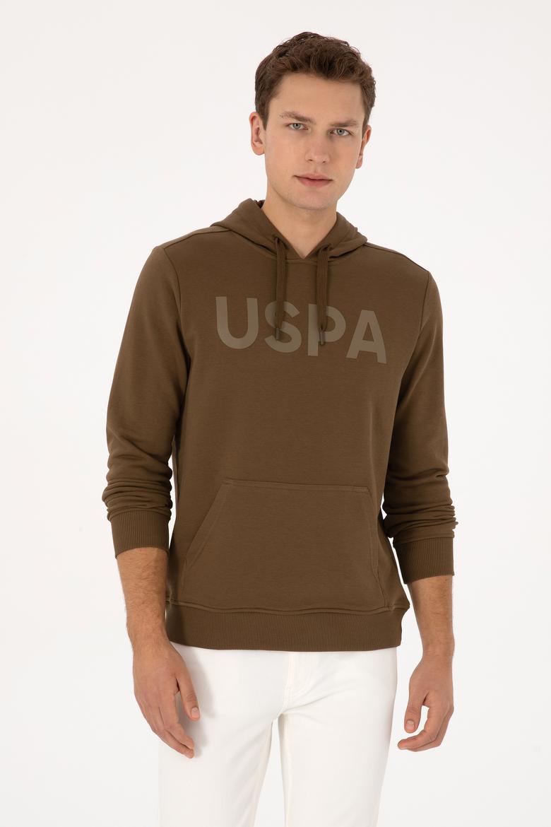 Erkek Slim Fit Kapüşonlu Yaka Haki Basic Sweatshirt