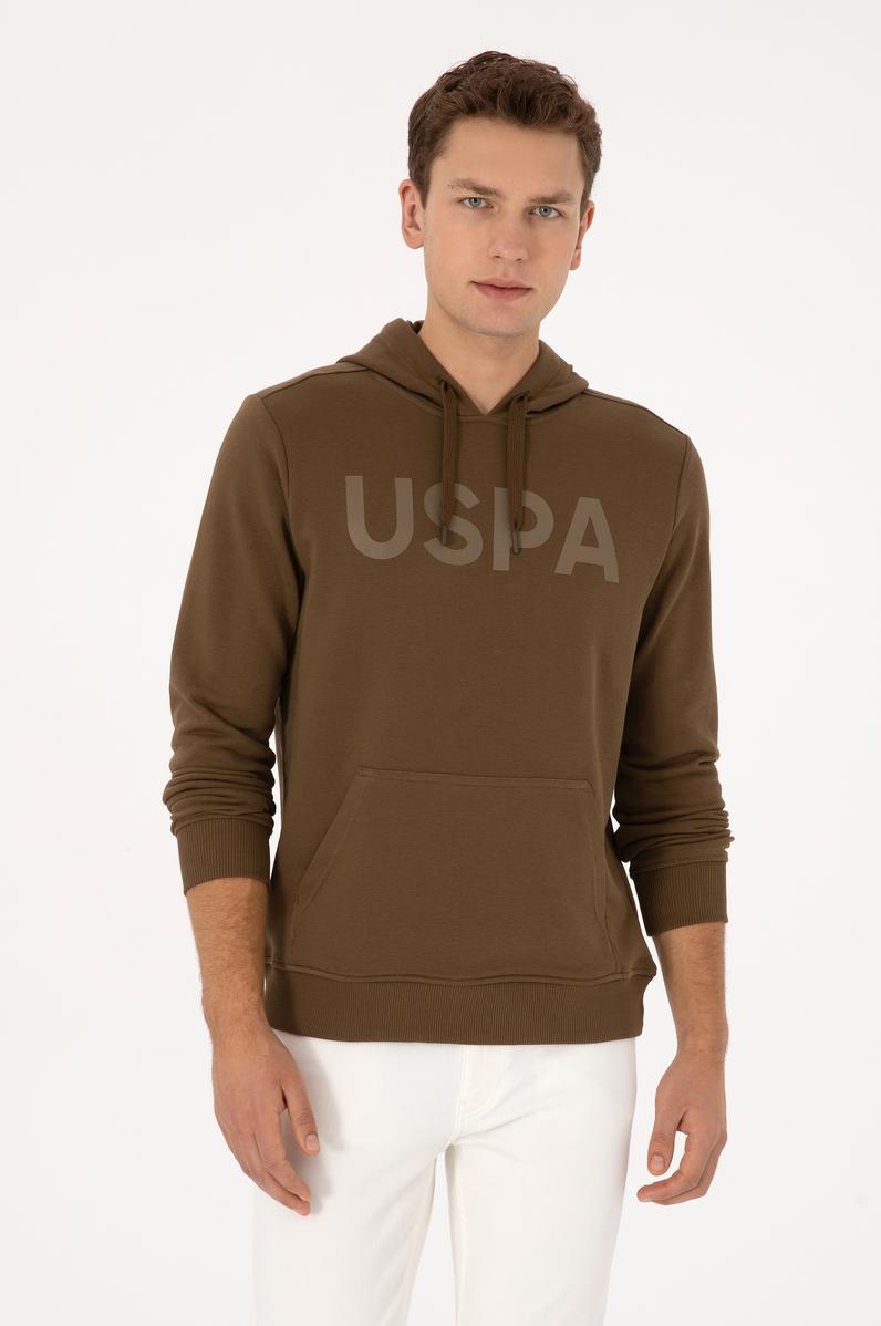 Erkek Slim Fit Kapüşonlu Yaka Haki Basic Sweatshirt