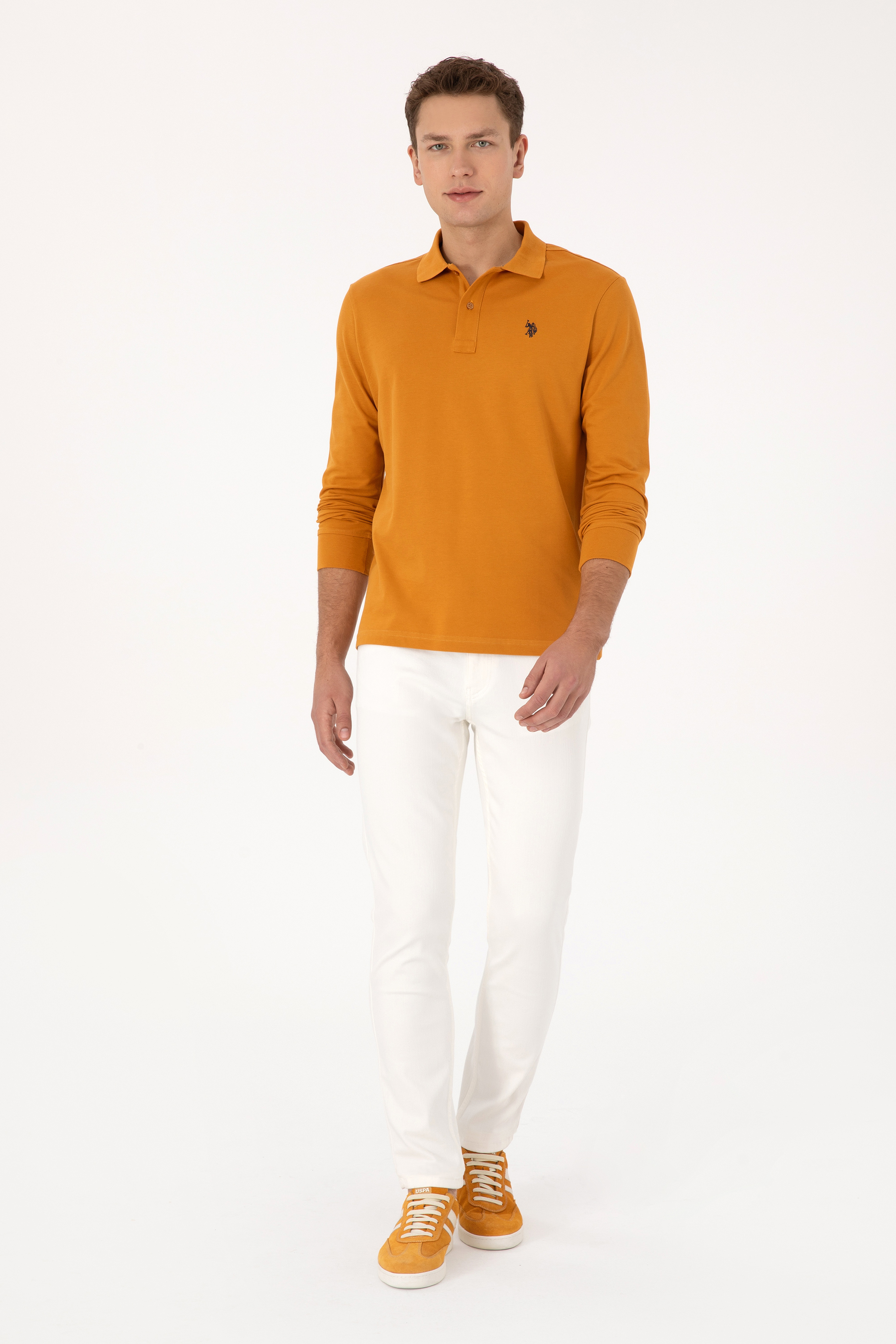 Erkek Regular Fit Polo Yaka Hardal Basic Sweatshirt