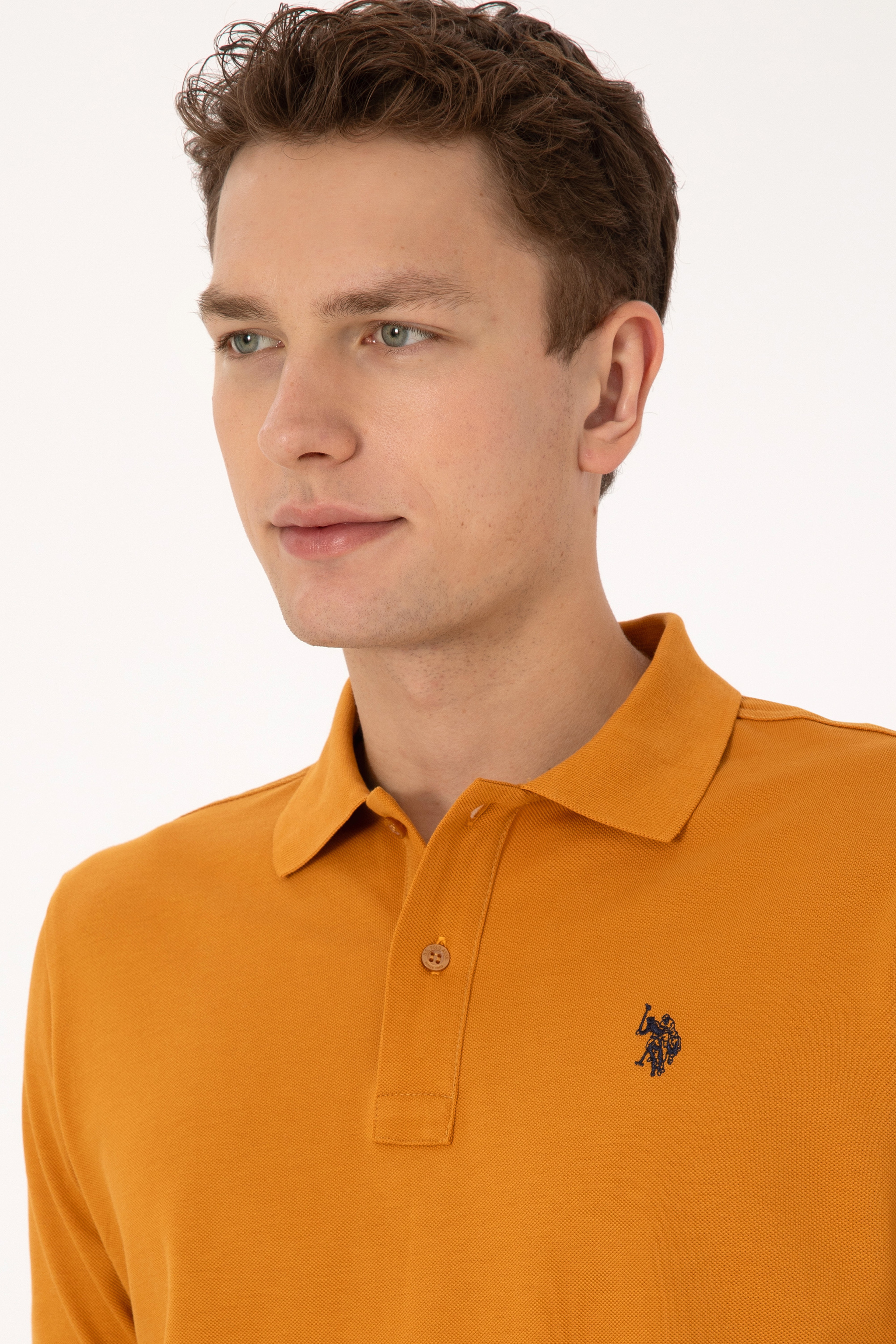 Erkek Regular Fit Polo Yaka Hardal Basic Sweatshirt - Image 2