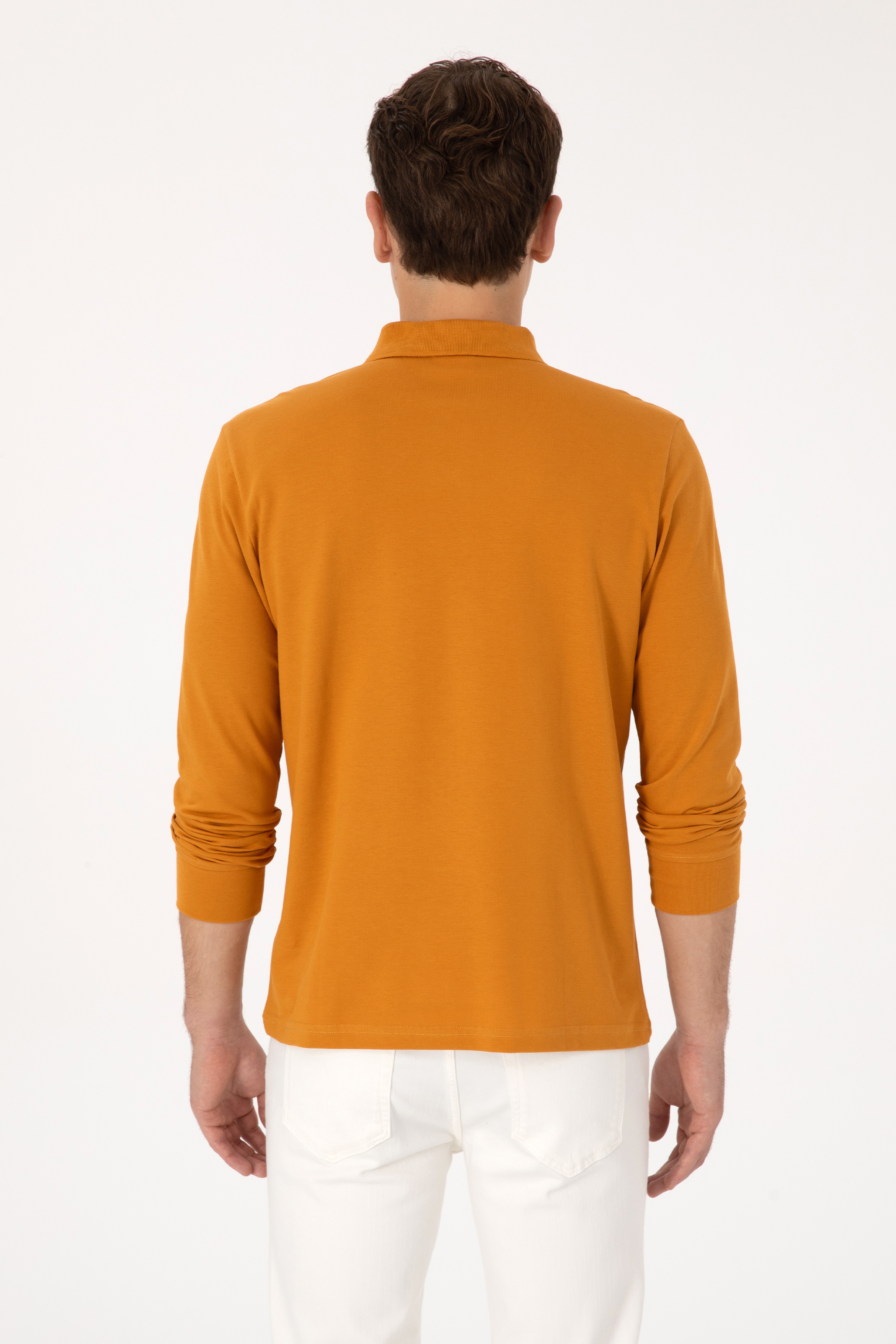 Erkek Regular Fit Polo Yaka Hardal Basic Sweatshirt
