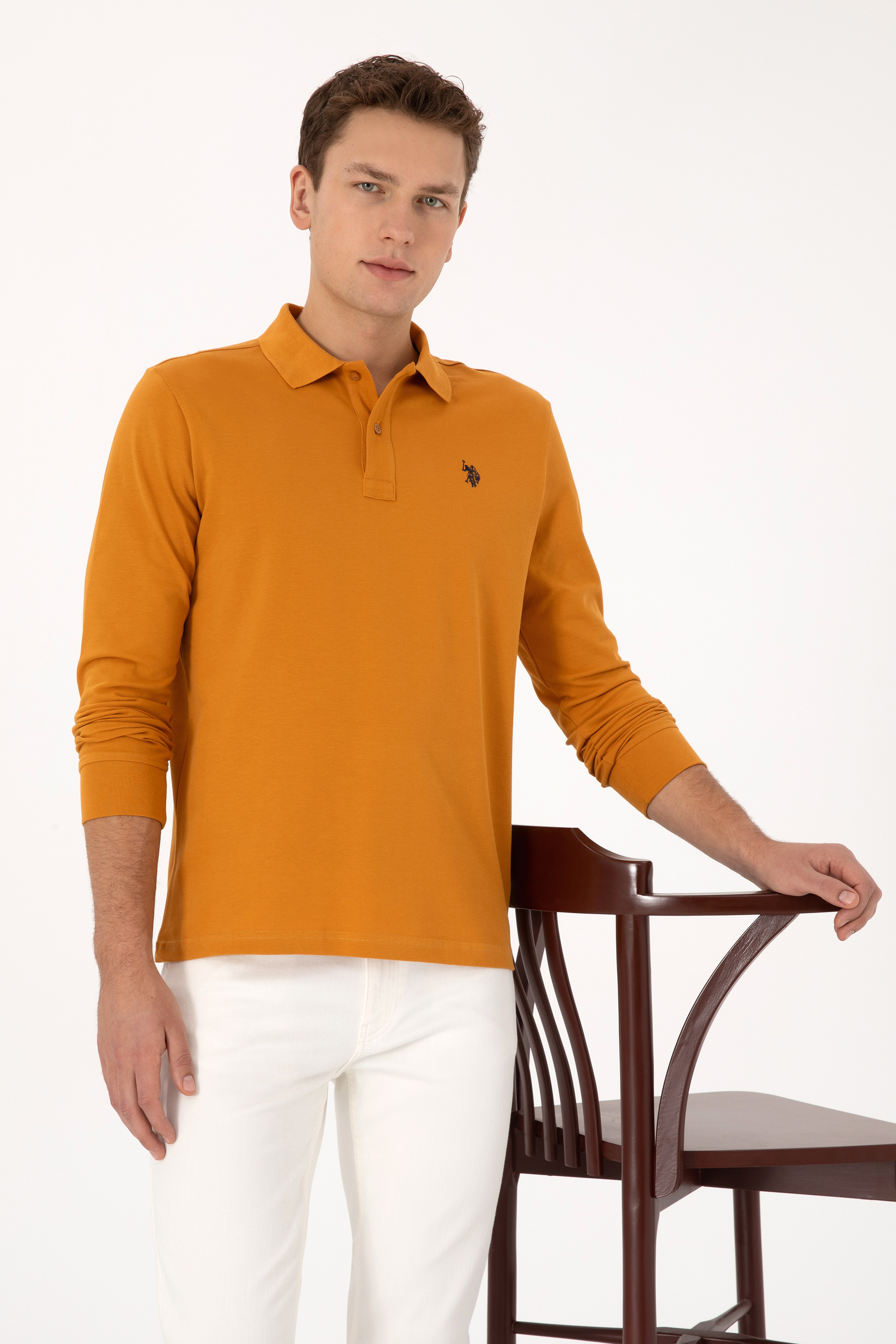 Erkek Regular Fit Polo Yaka Hardal Basic Sweatshirt