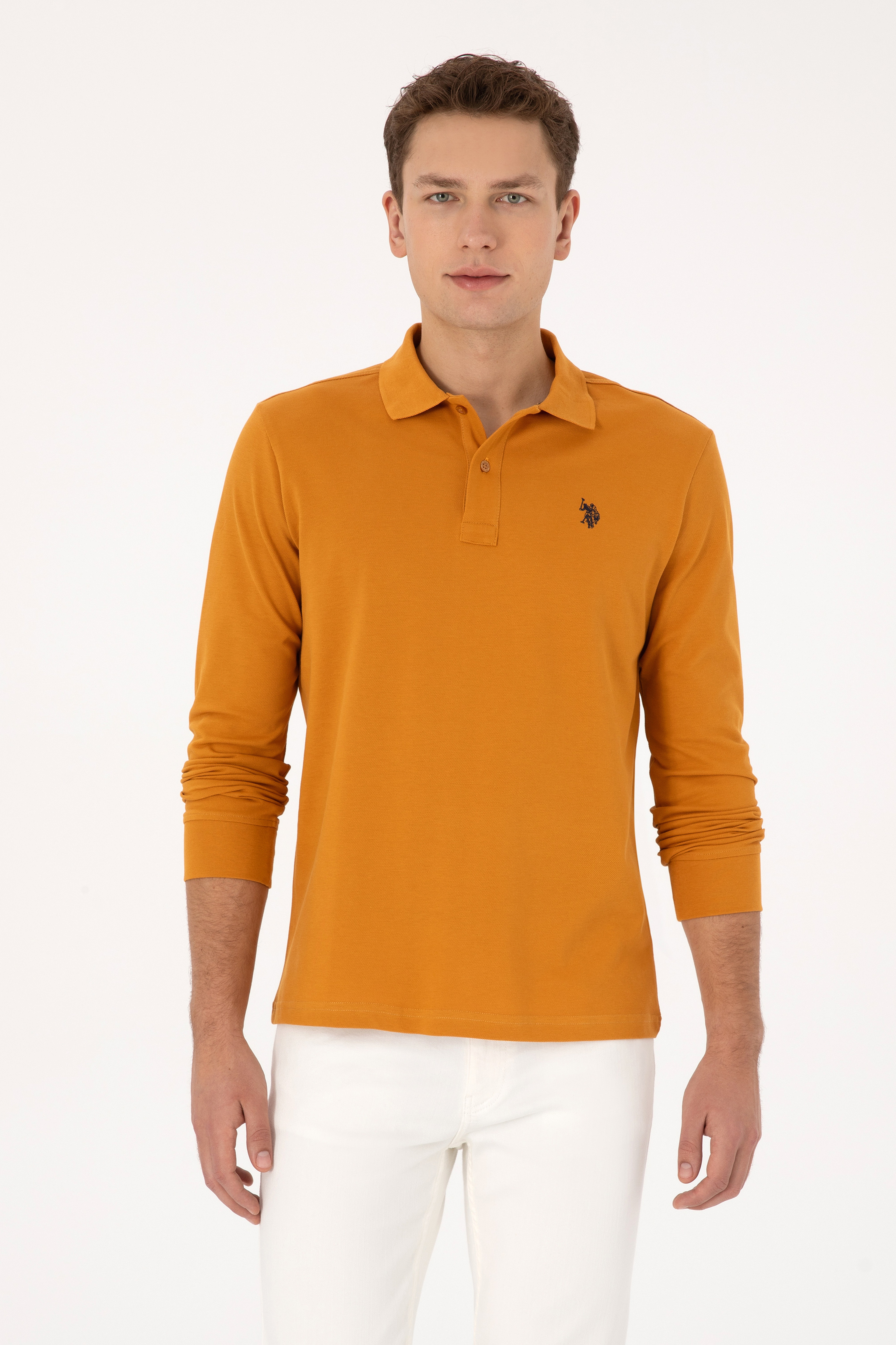 Erkek Regular Fit Polo Yaka Hardal Basic Sweatshirt - Image 1