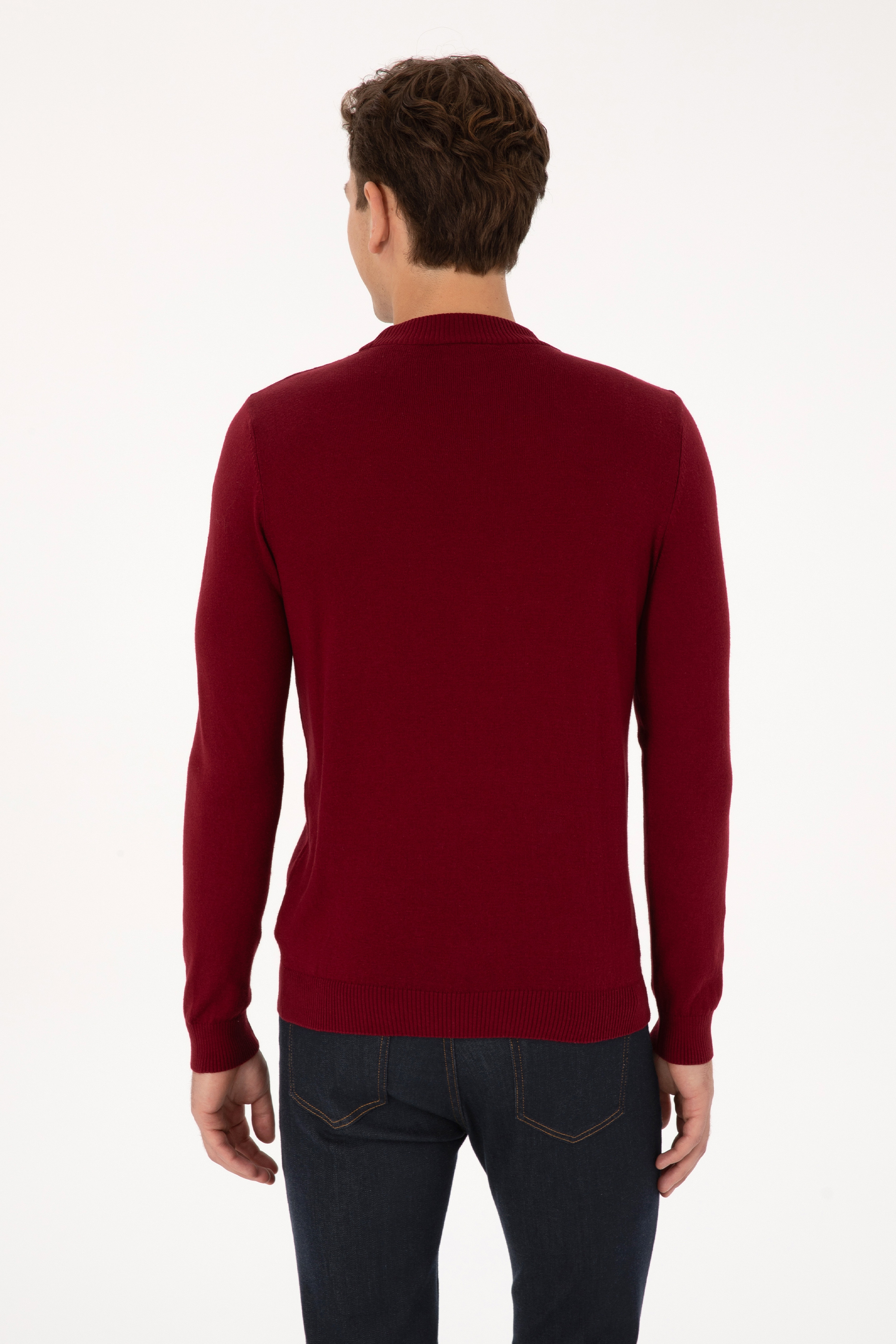 Erkek Slim Fit Polo Yaka Bordo Basic Kazak - Image 5