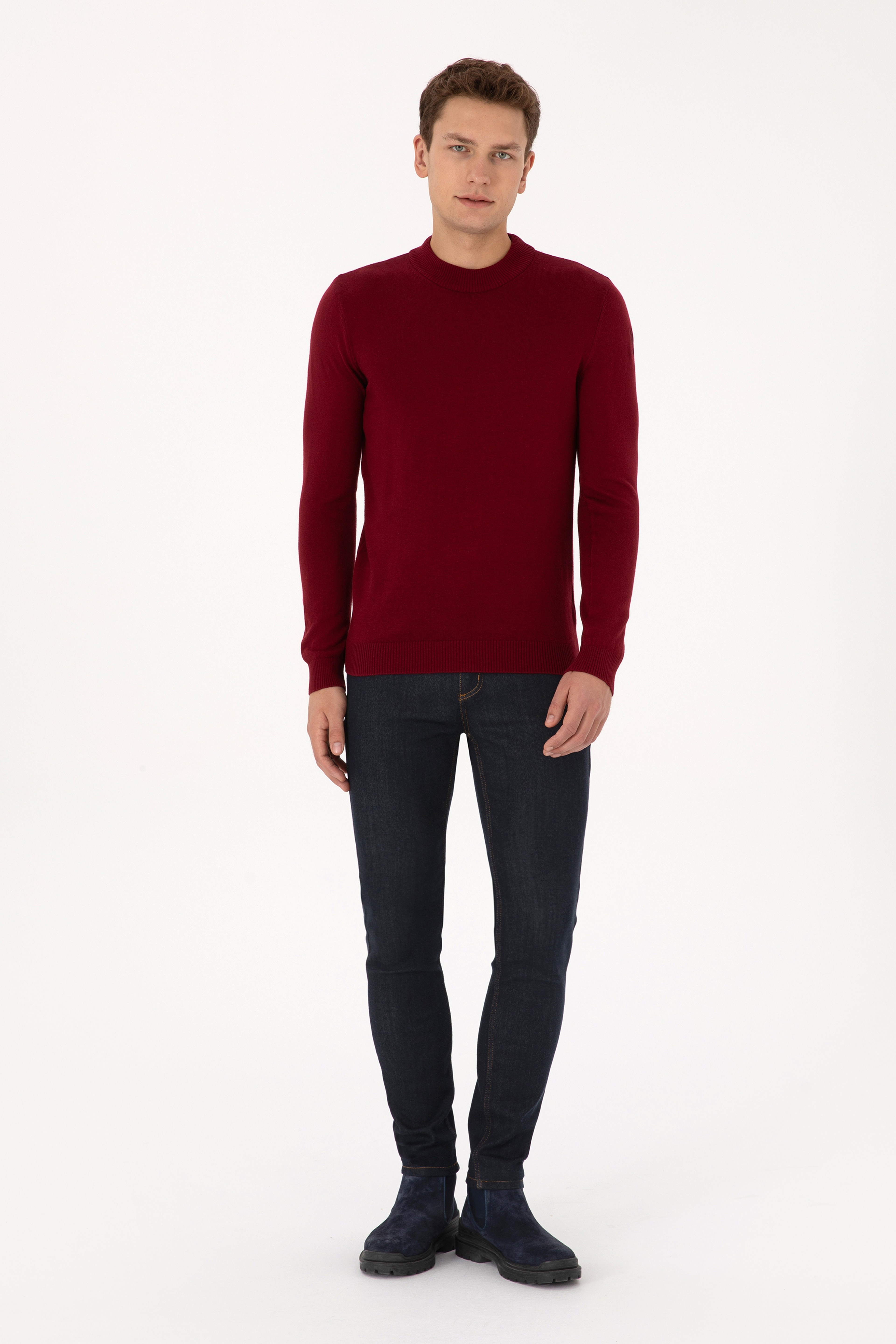 Erkek Slim Fit Polo Yaka Bordo Basic Kazak - Image 4