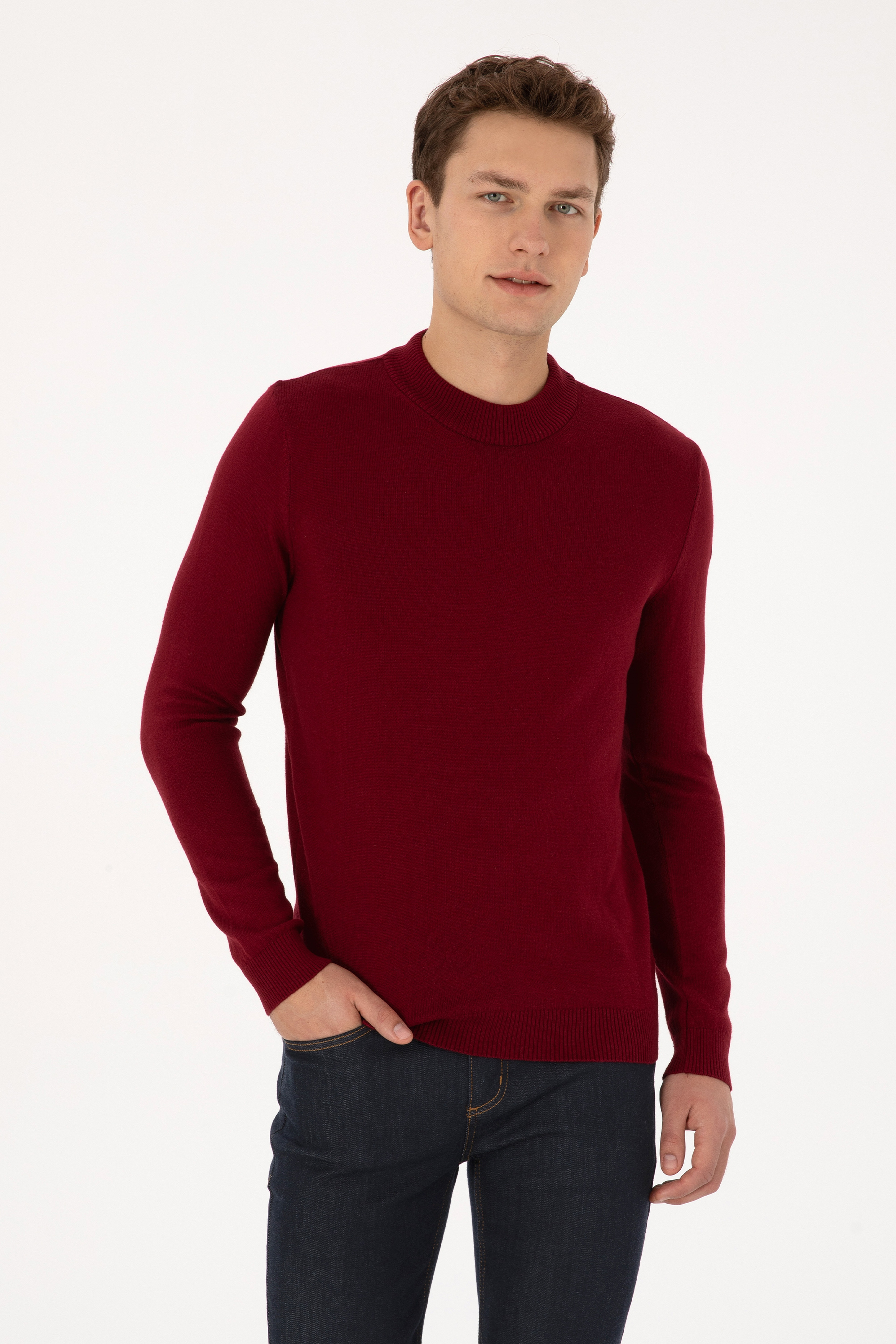 Erkek Slim Fit Polo Yaka Bordo Basic Kazak - Image 1