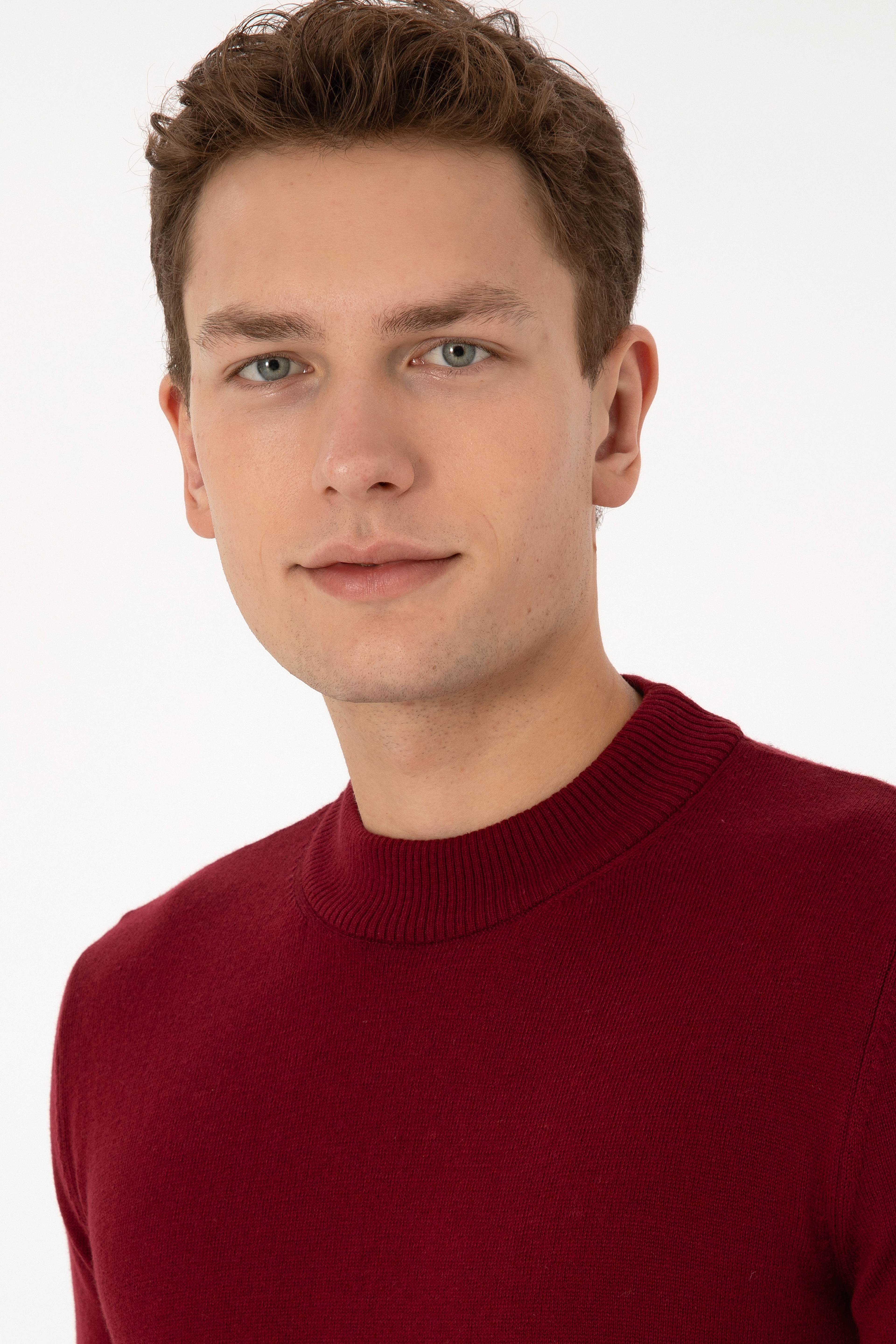 Erkek Slim Fit Polo Yaka Bordo Basic Kazak - Image 2