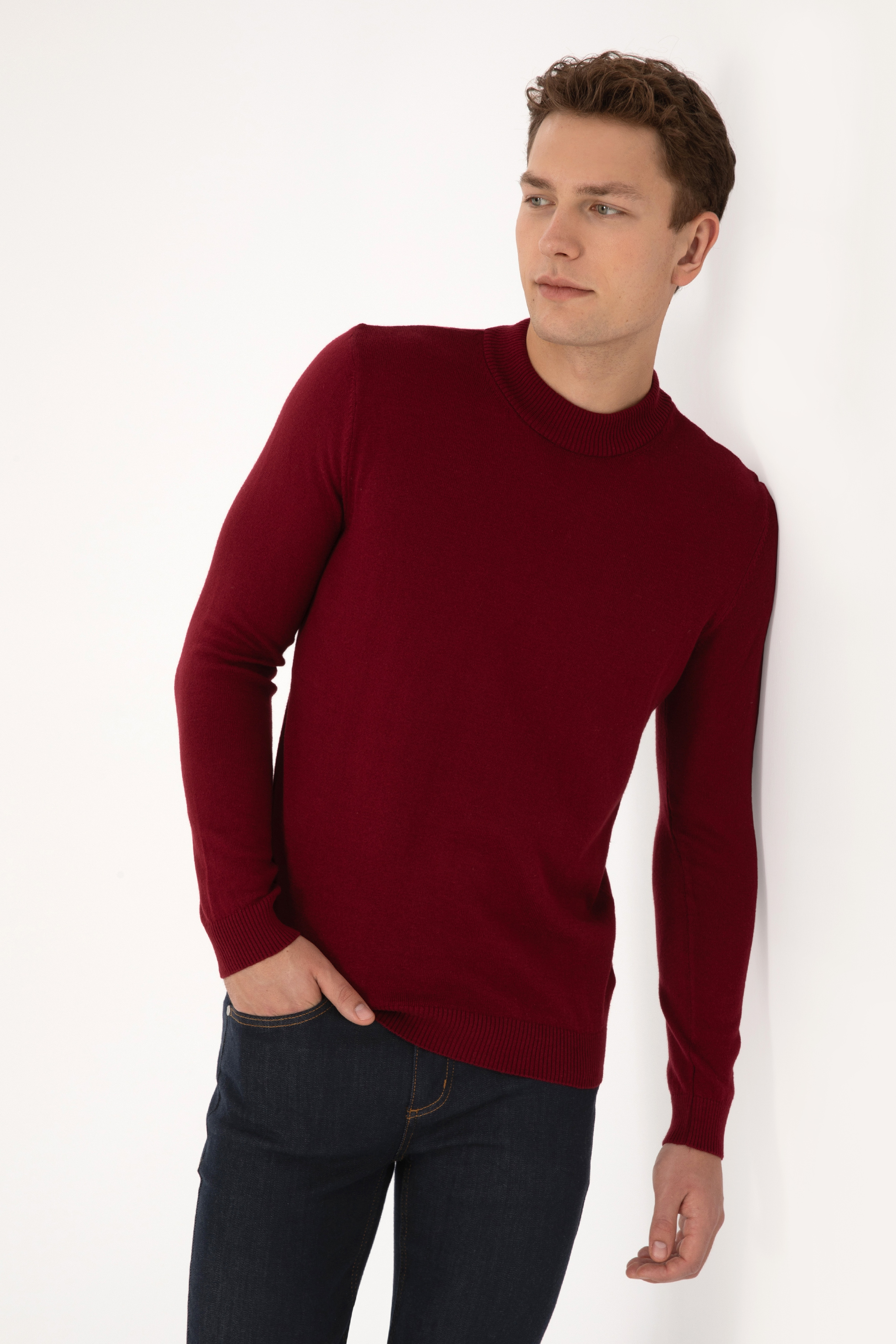 Erkek Slim Fit Polo Yaka Bordo Basic Kazak