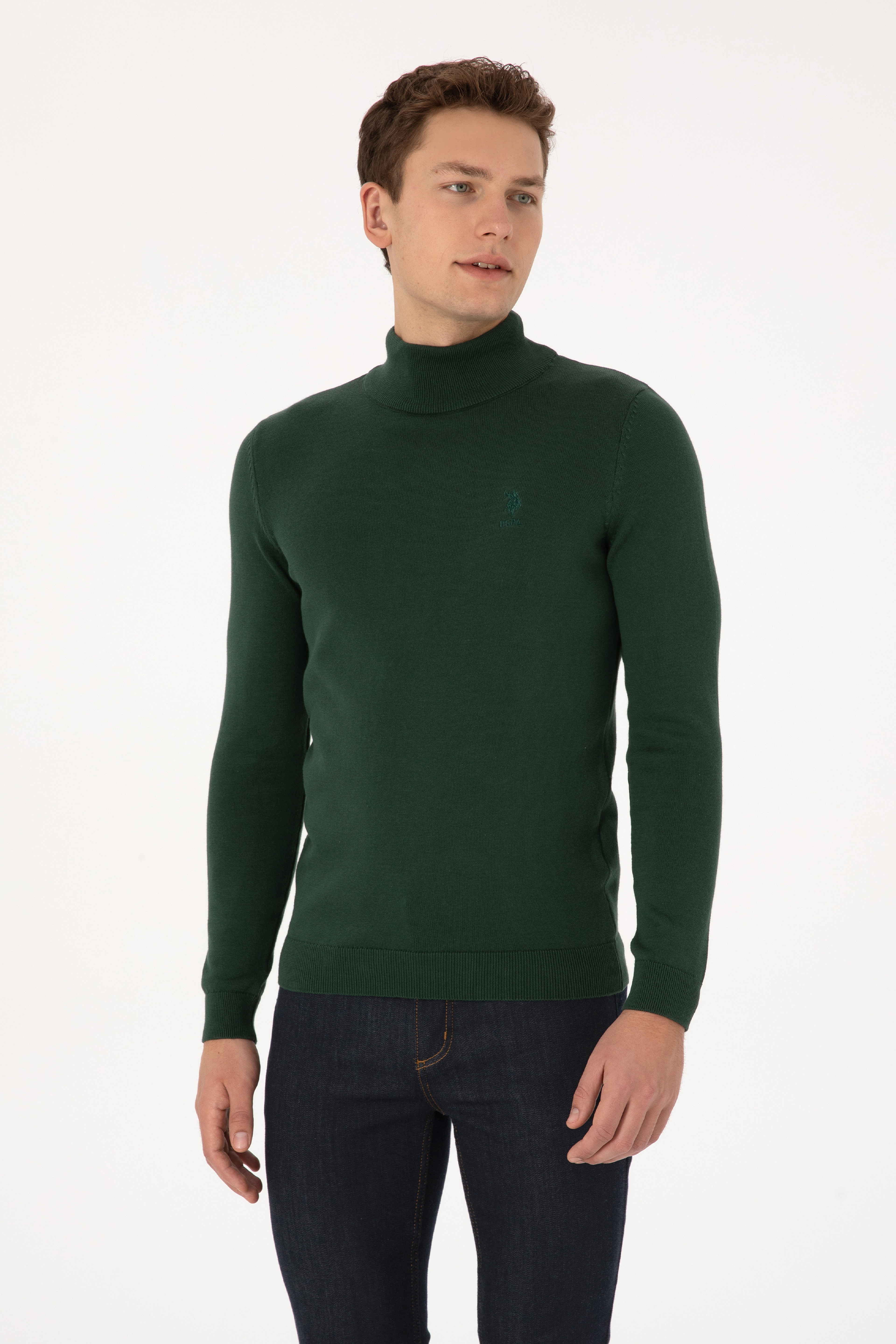 Erkek Slim Fit Yarım Balıkçı Yaka Koyu Yeşil Basic Kazak - Image 3