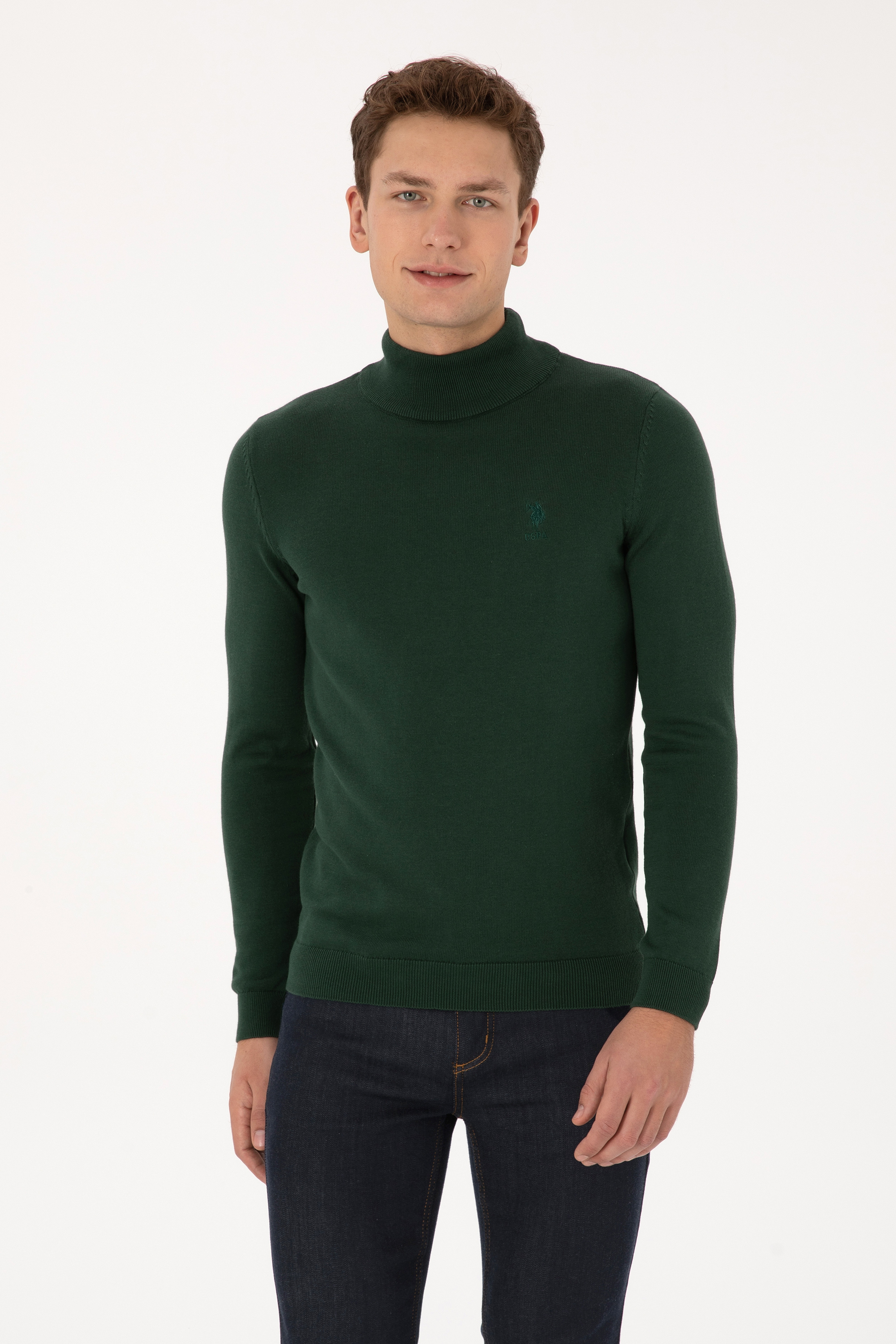 Erkek Slim Fit Yarım Balıkçı Yaka Koyu Yeşil Basic Kazak