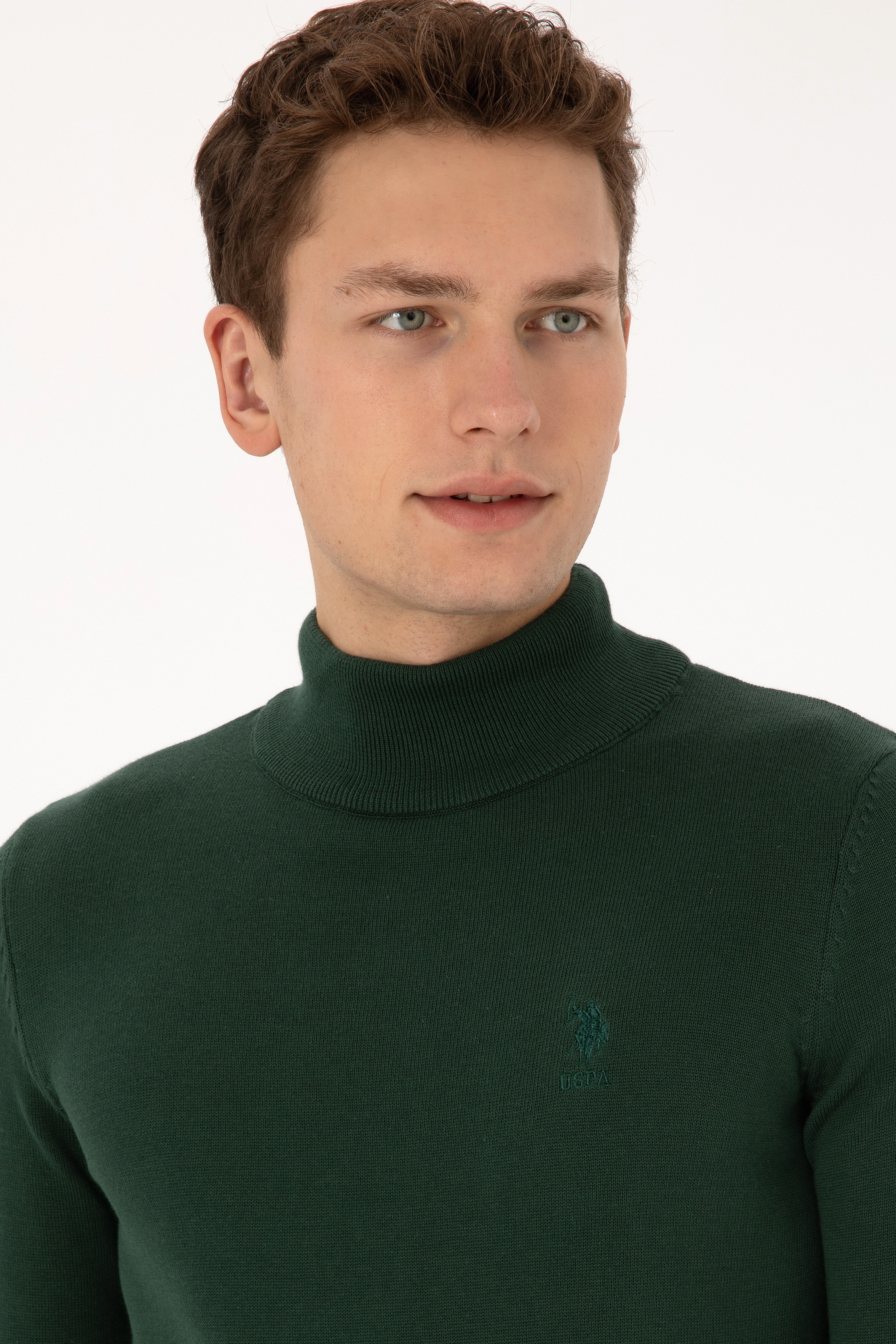Erkek Slim Fit Yarım Balıkçı Yaka Koyu Yeşil Basic Kazak - Image 2