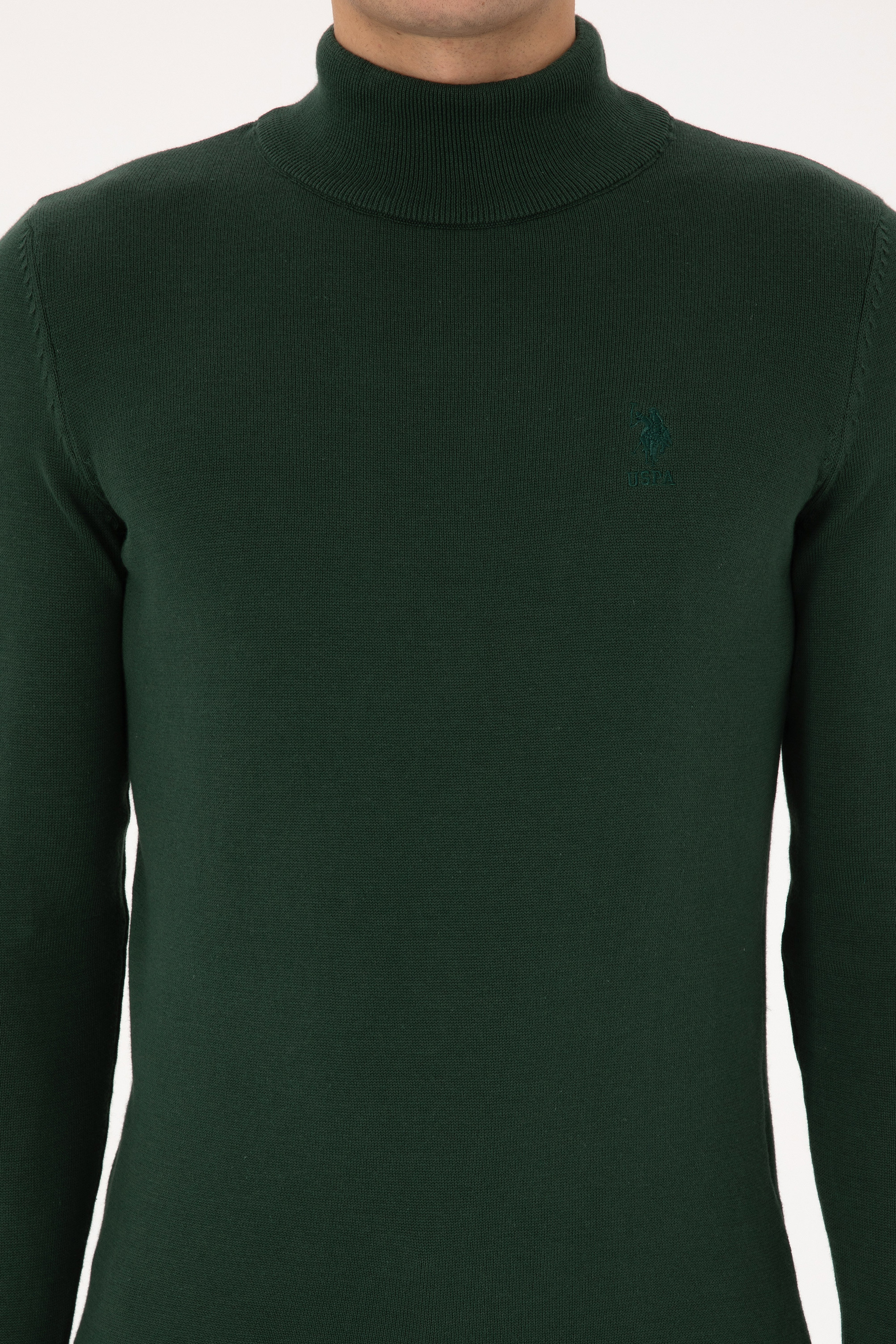 Erkek Slim Fit Yarım Balıkçı Yaka Koyu Yeşil Basic Kazak