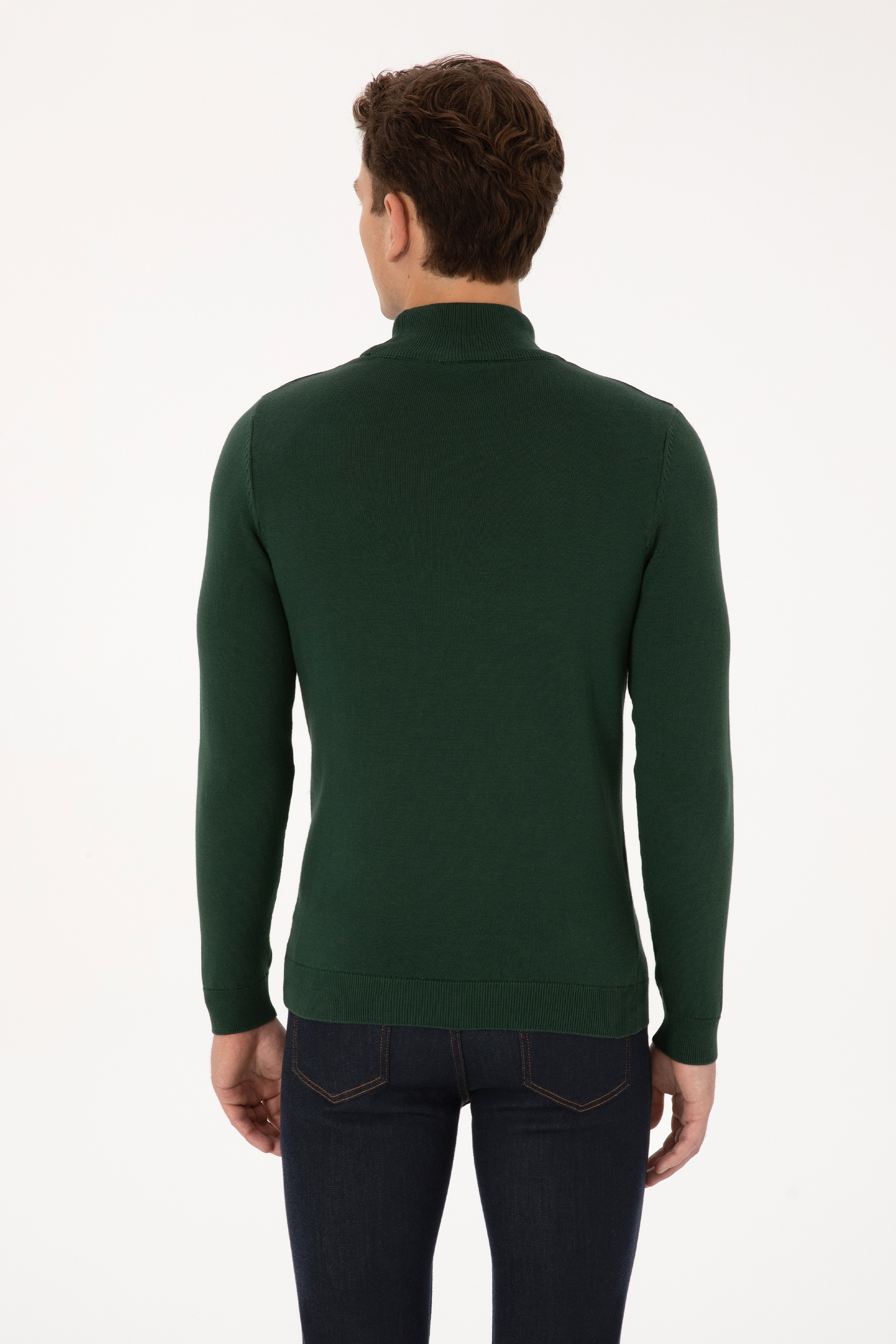 Erkek Slim Fit Yarım Balıkçı Yaka Koyu Yeşil Basic Kazak - Image 5
