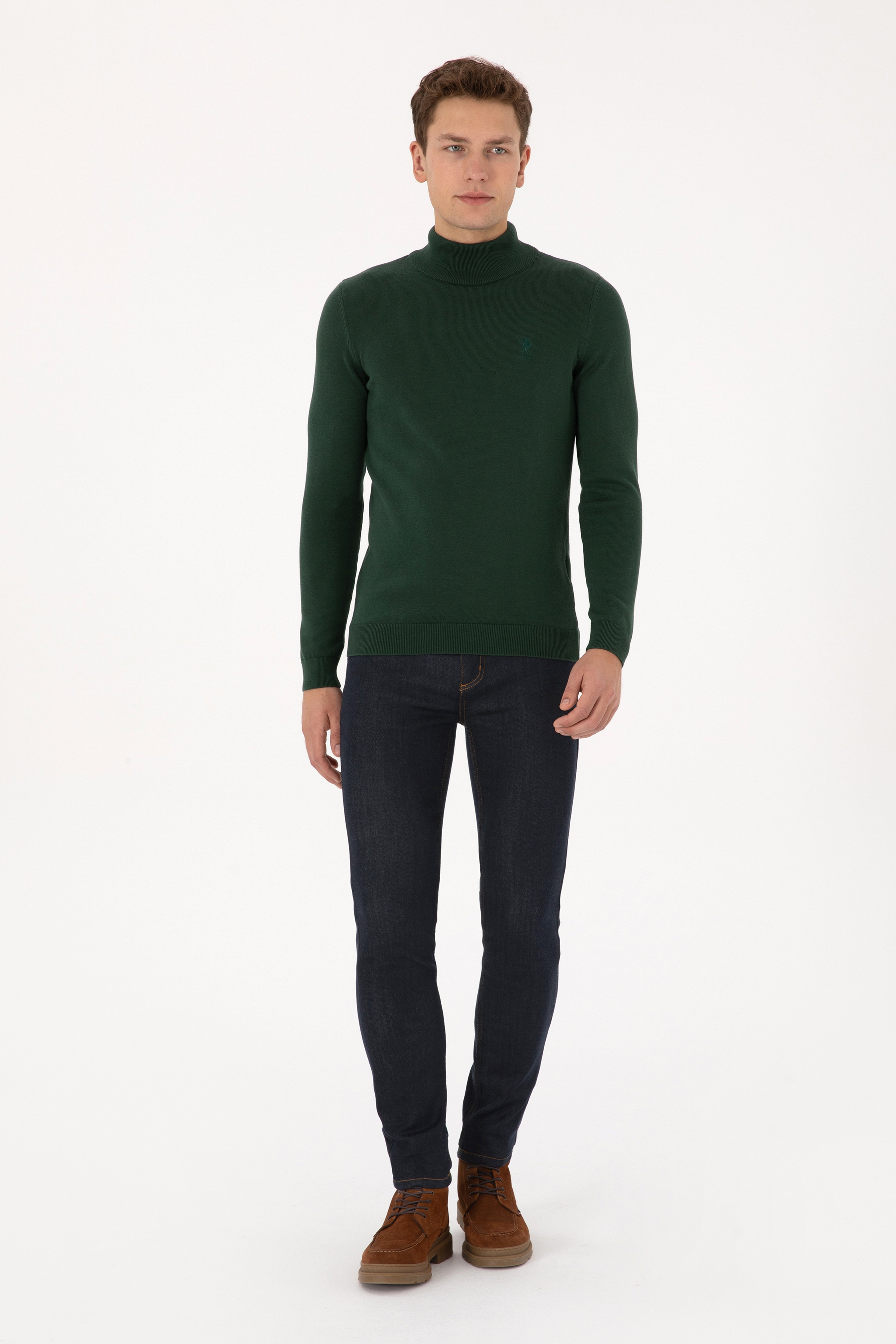 Erkek Slim Fit Yarım Balıkçı Yaka Koyu Yeşil Basic Kazak - Image 4