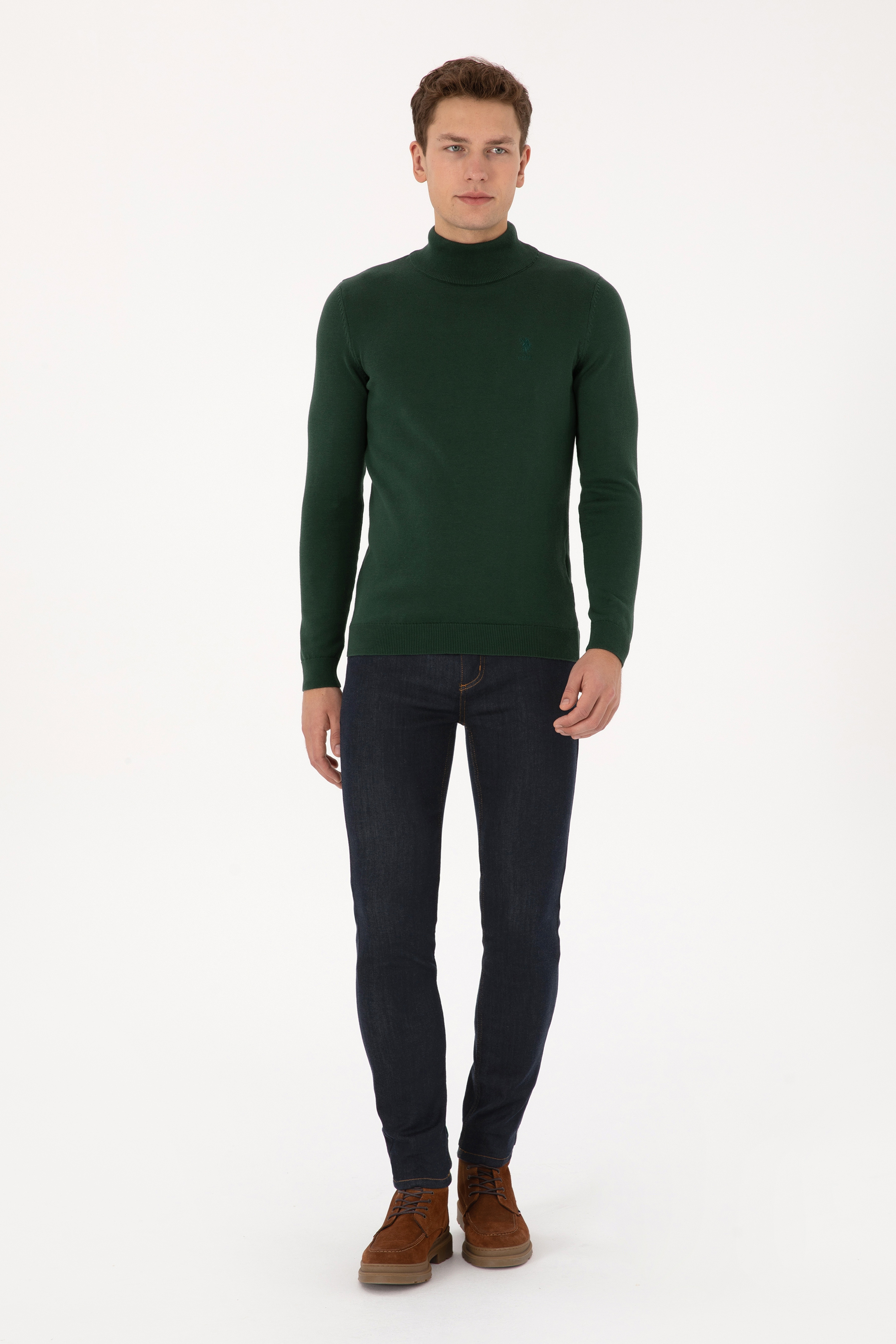 Erkek Slim Fit Yarım Balıkçı Yaka Koyu Yeşil Basic Kazak