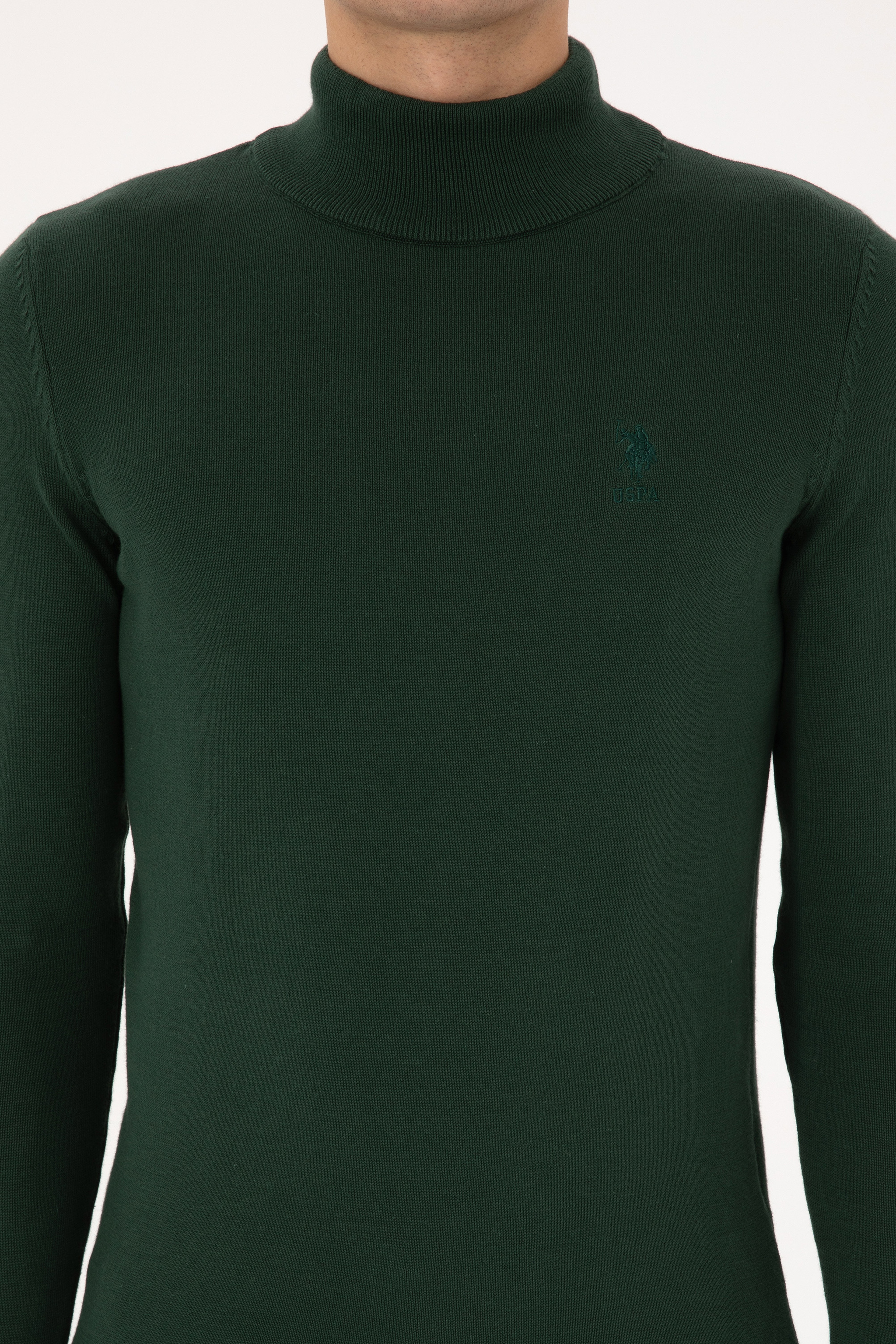 Erkek Slim Fit Yarım Balıkçı Yaka Koyu Yeşil Basic Kazak