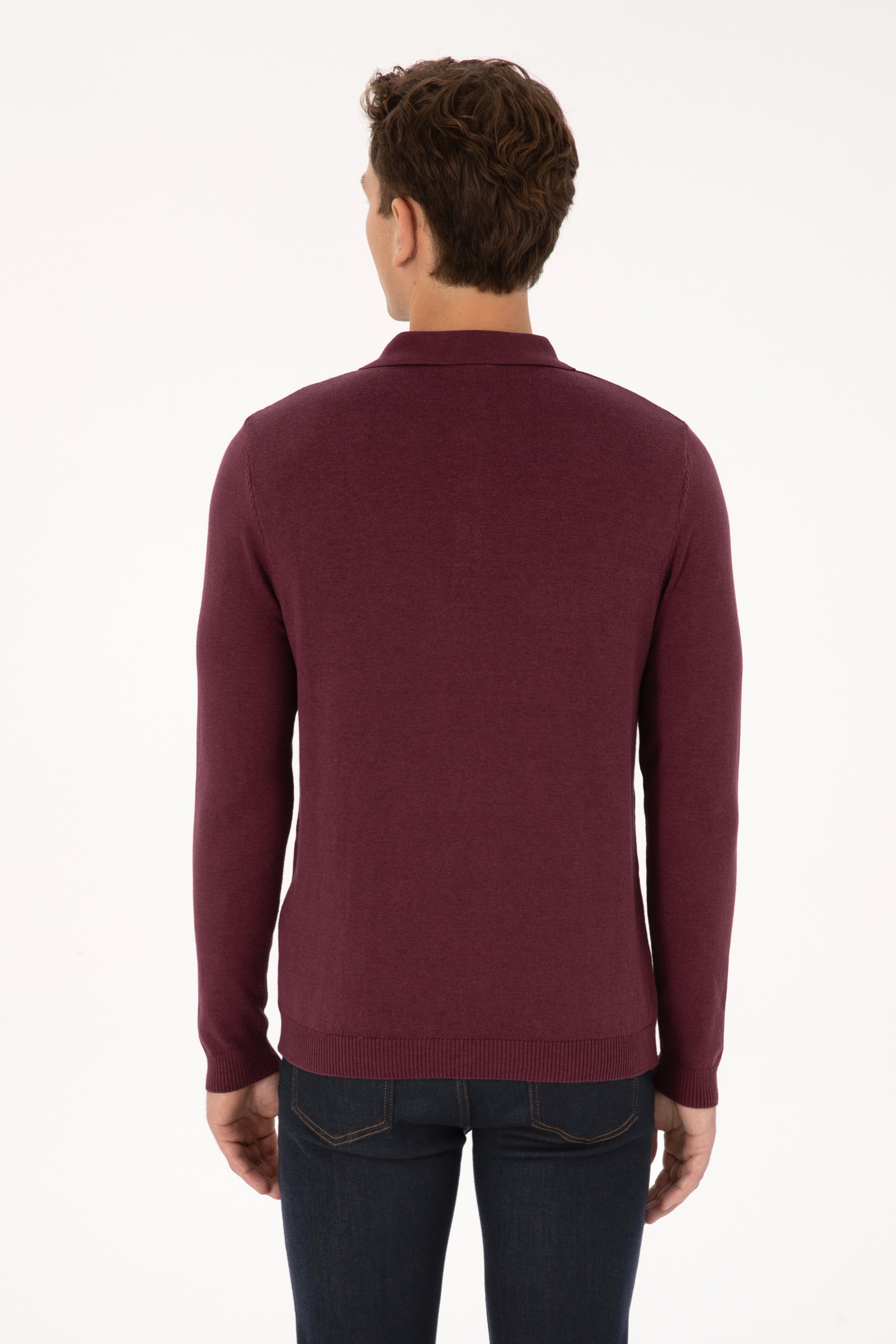 Erkek Slim Fit Polo Yaka Bordo Basic Kazak