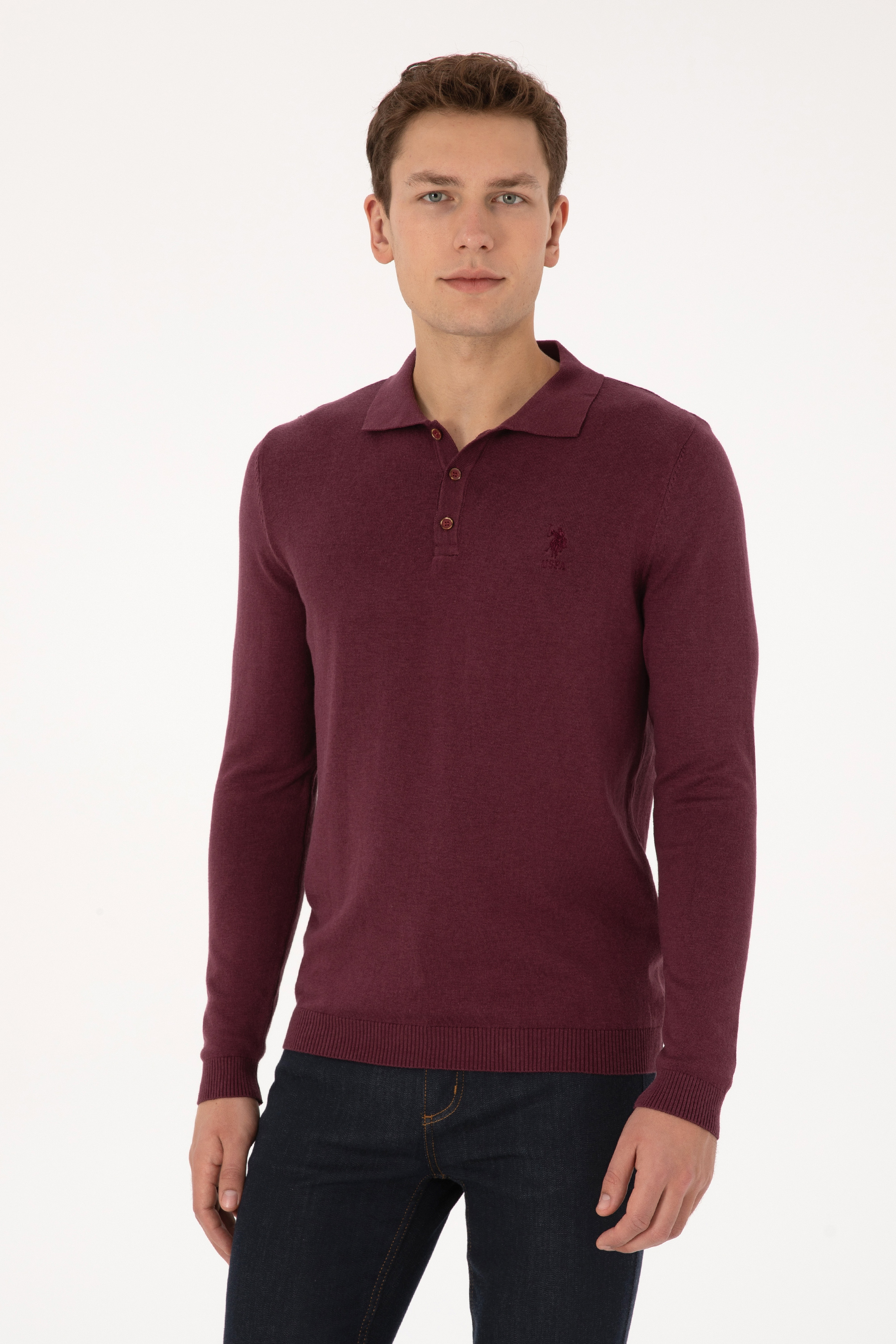 Erkek Slim Fit Polo Yaka Bordo Basic Kazak - Image 3