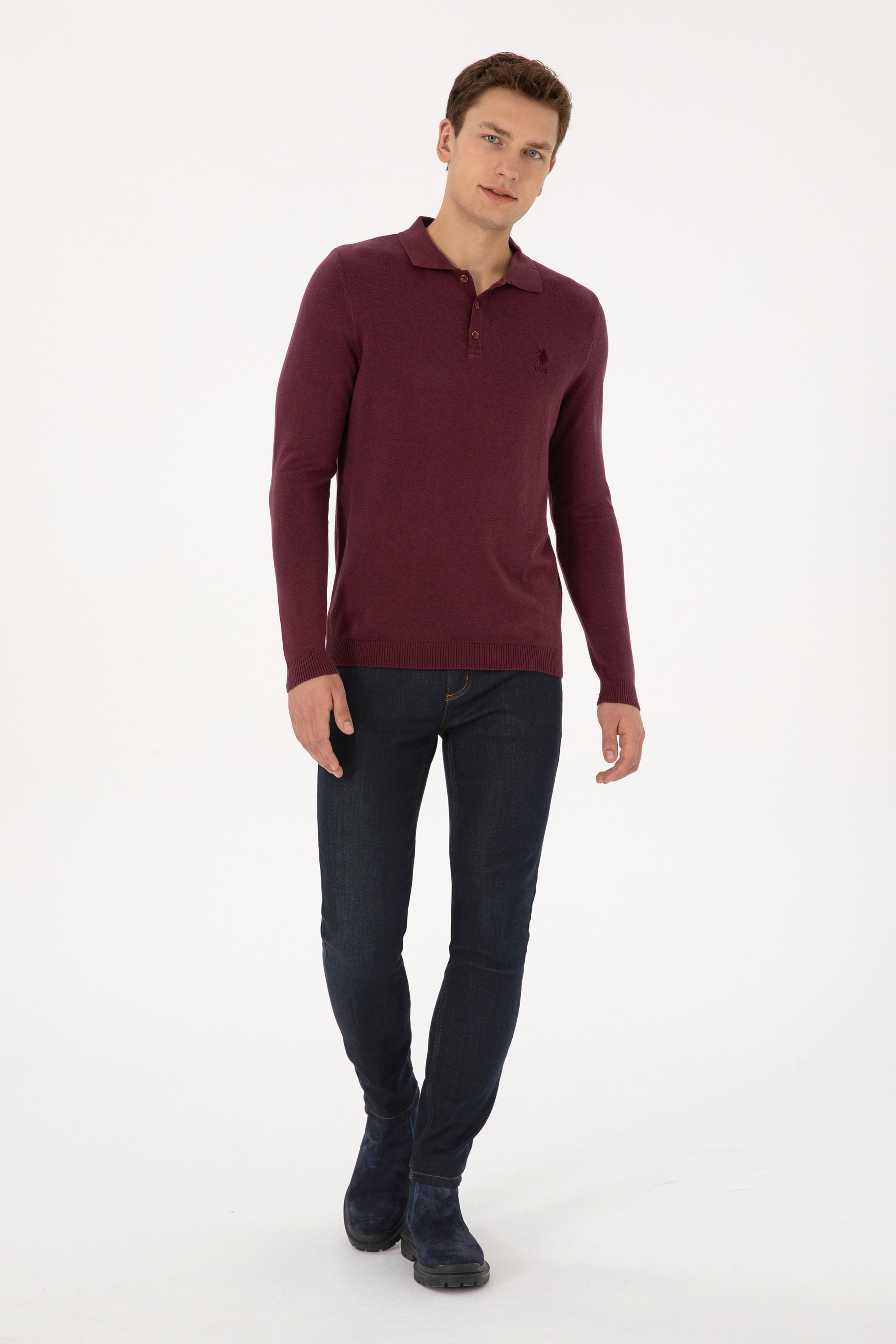 Erkek Slim Fit Polo Yaka Bordo Basic Kazak - Image 4
