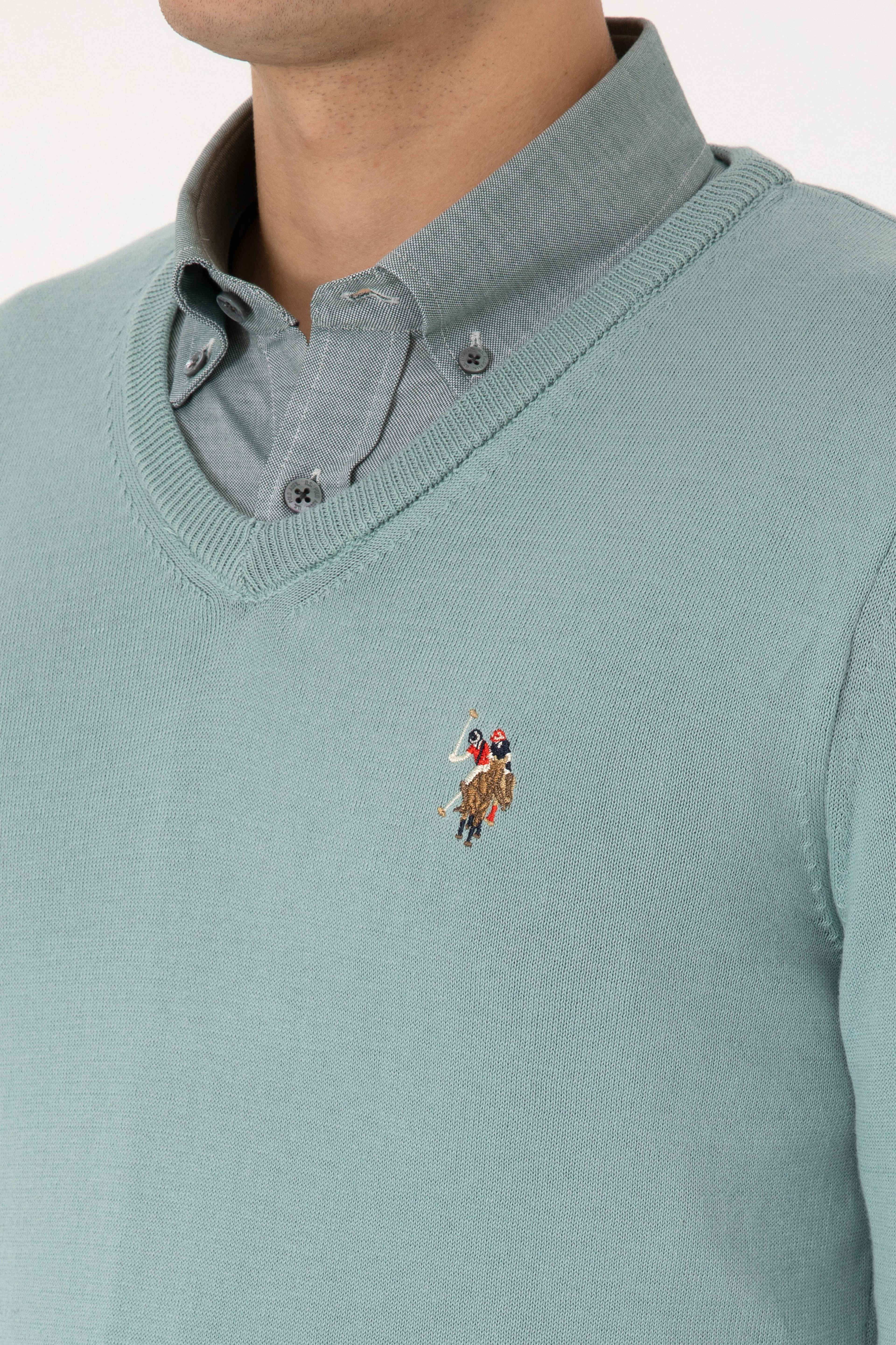 Erkek Slim Fit V Yaka Mint Basic Kazak