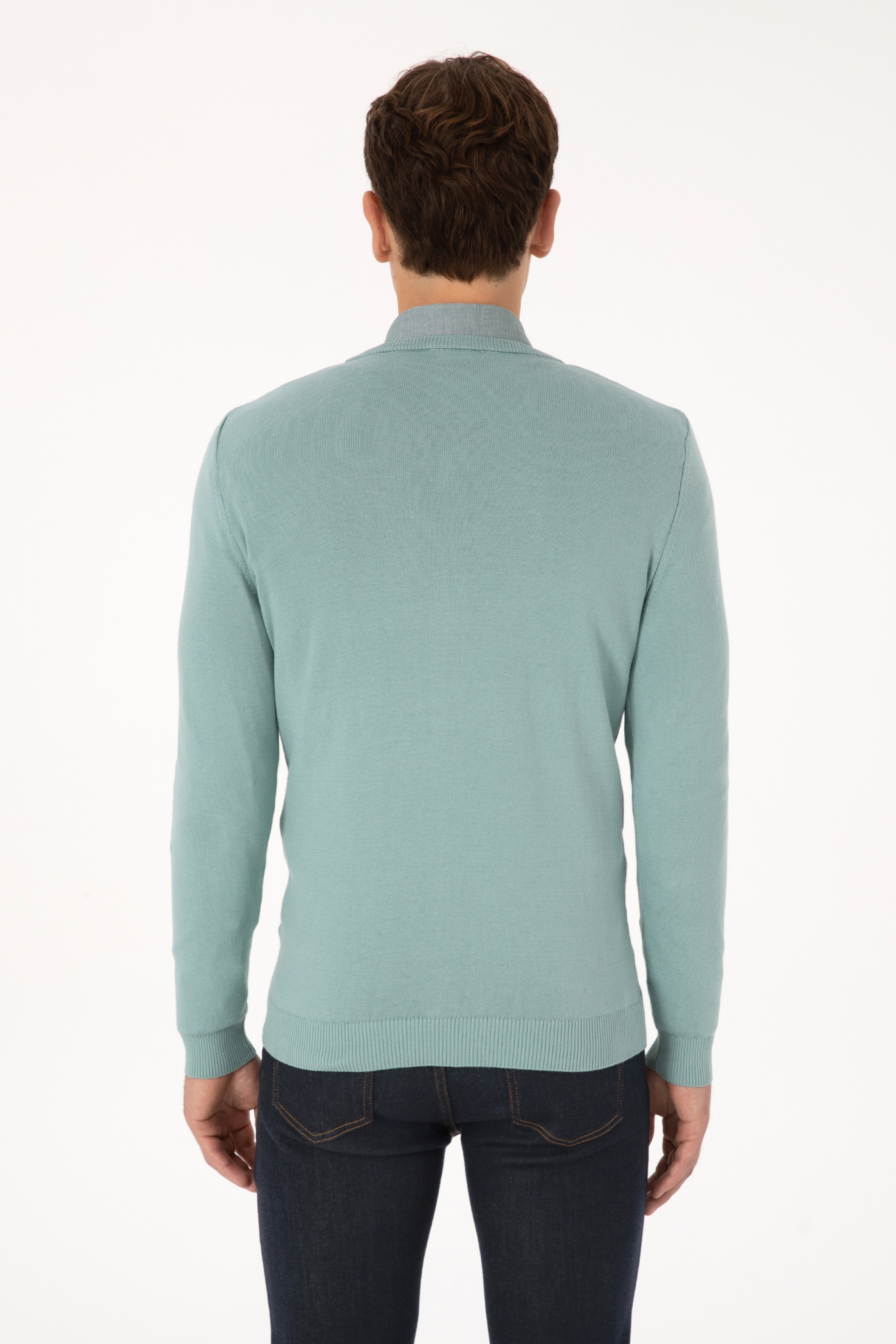 Erkek Slim Fit V Yaka Mint Basic Kazak - Image 5