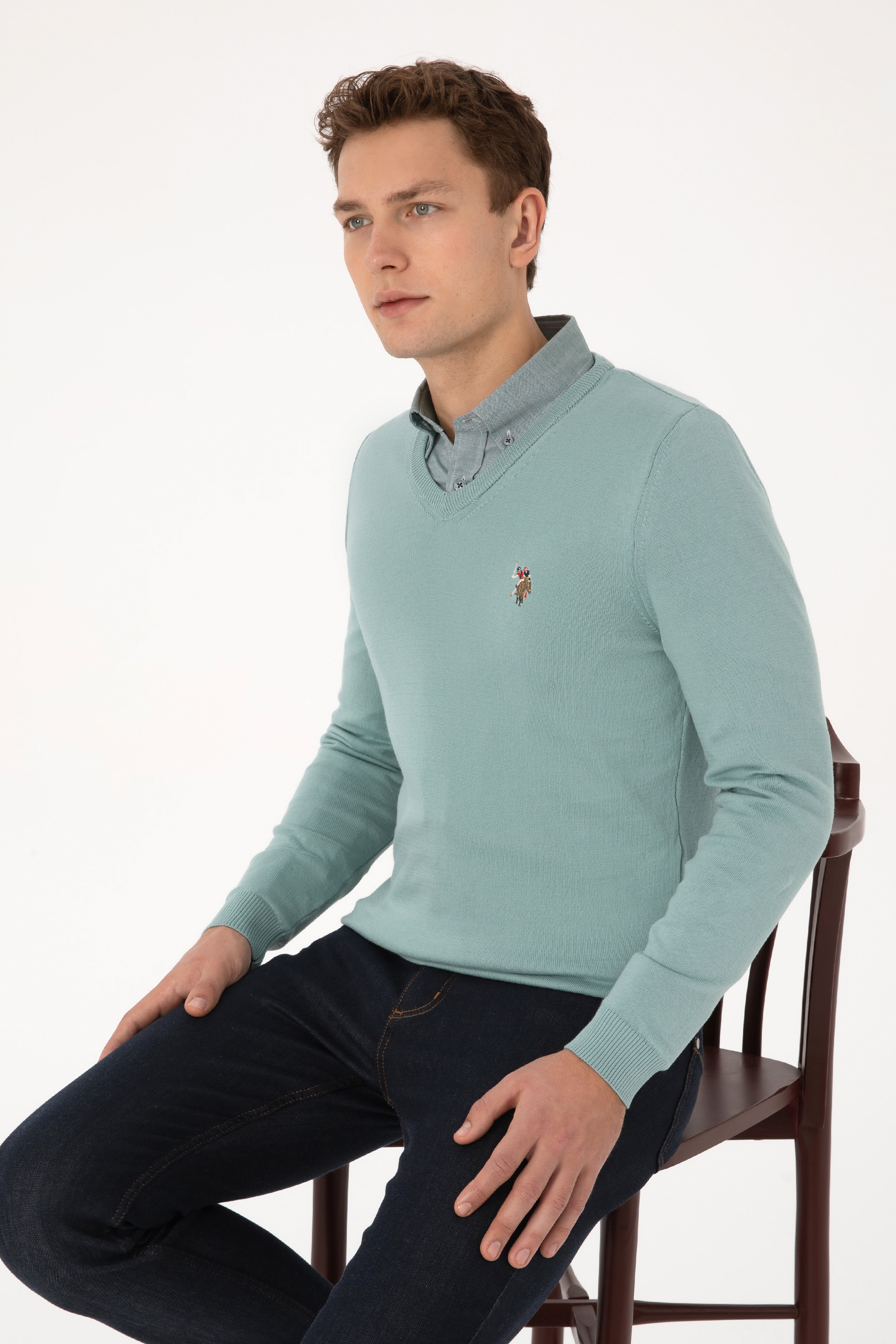 Erkek Slim Fit V Yaka Mint Basic Kazak