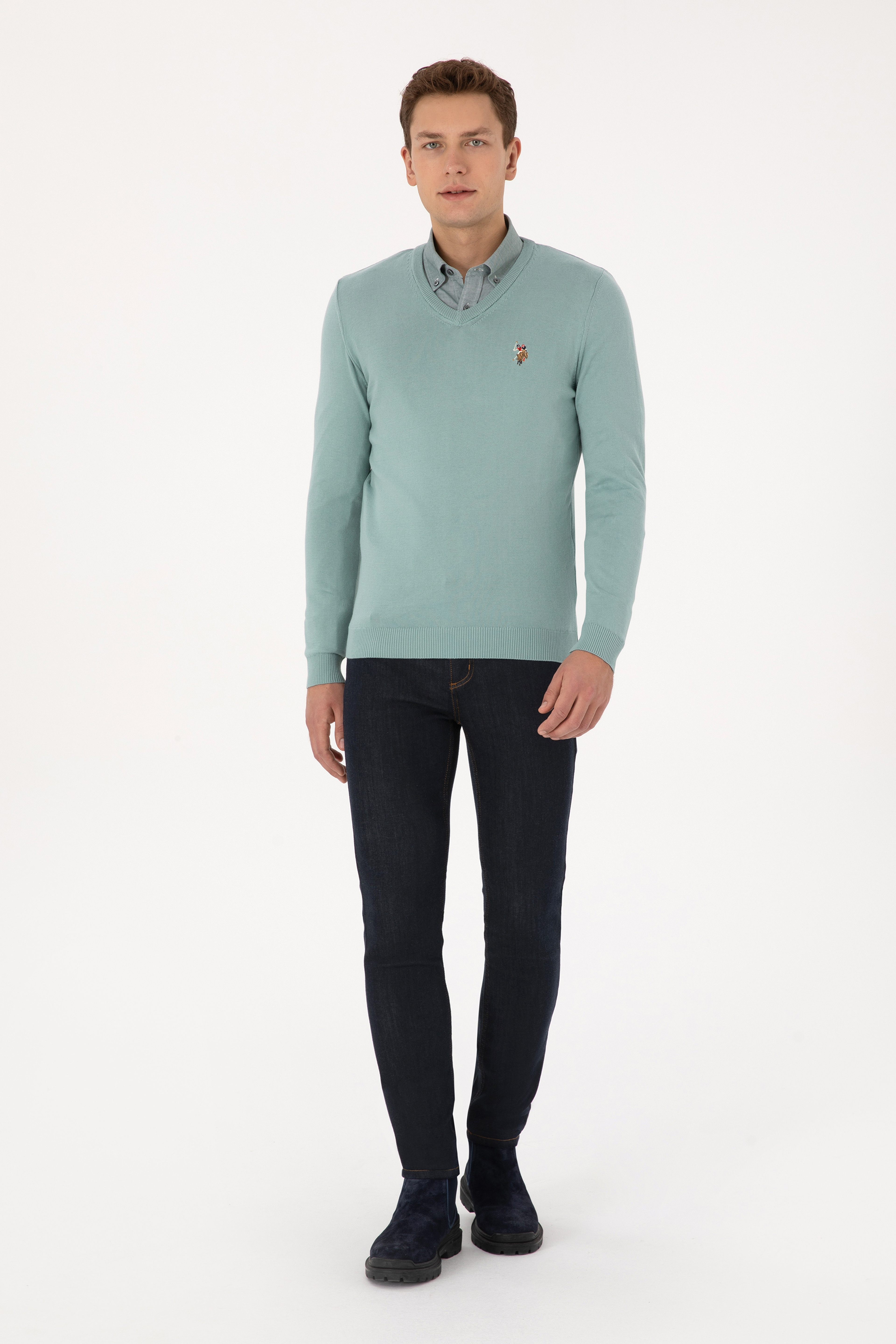 Erkek Slim Fit V Yaka Mint Basic Kazak - Image 4