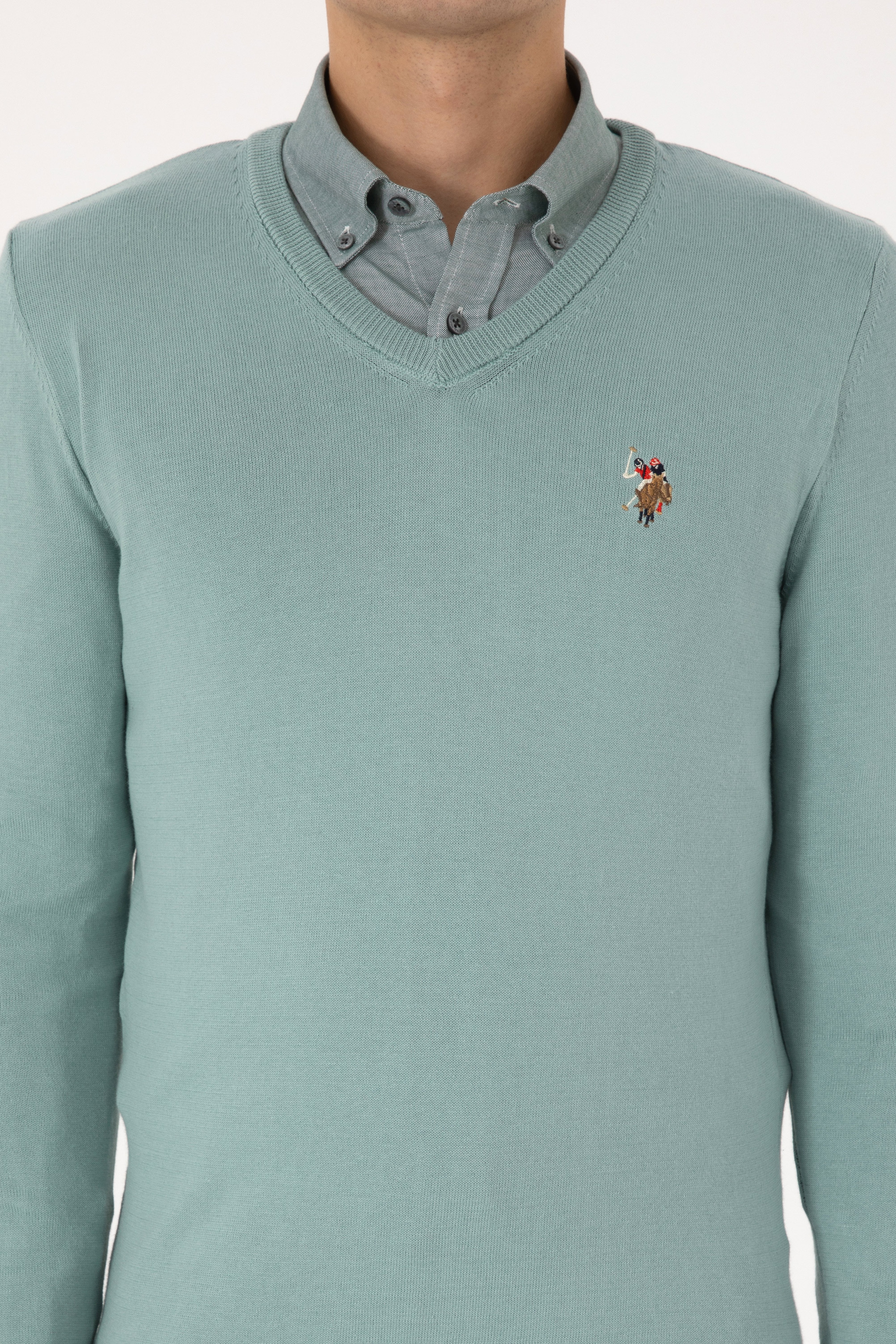 Erkek Slim Fit V Yaka Mint Basic Kazak