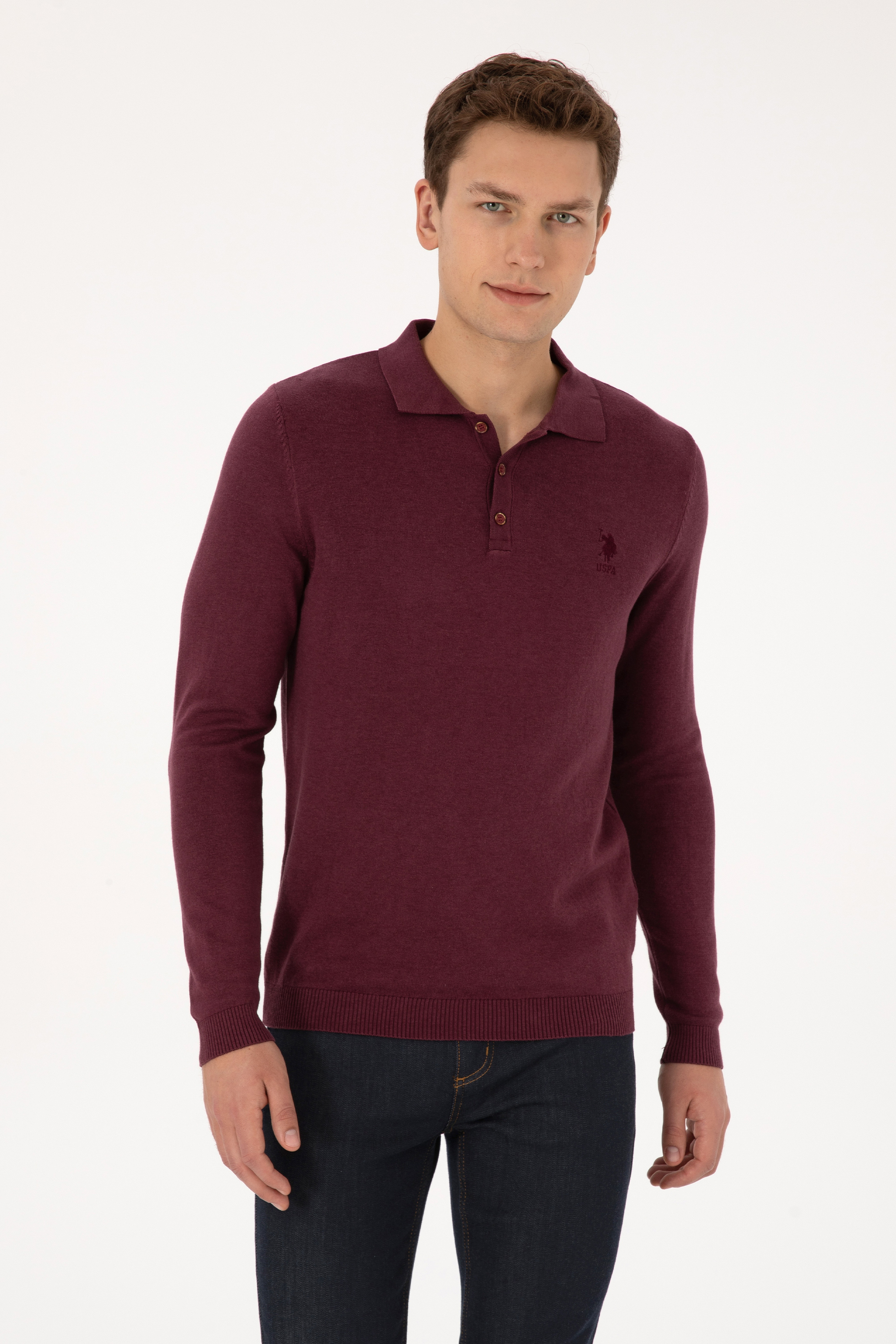 Erkek Slim Fit Polo Yaka Bordo Basic Kazak - Image 1