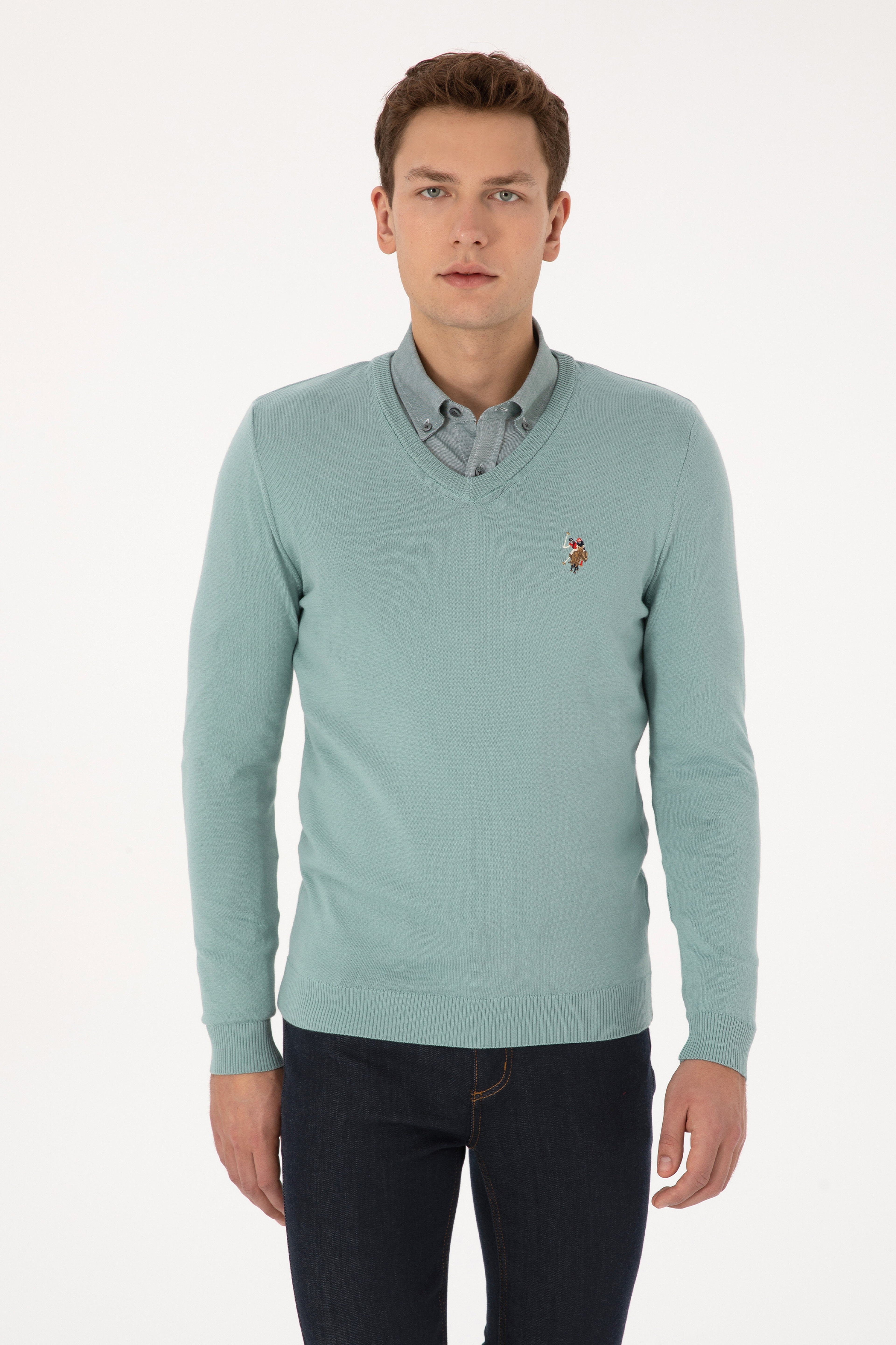 Erkek Slim Fit V Yaka Mint Basic Kazak