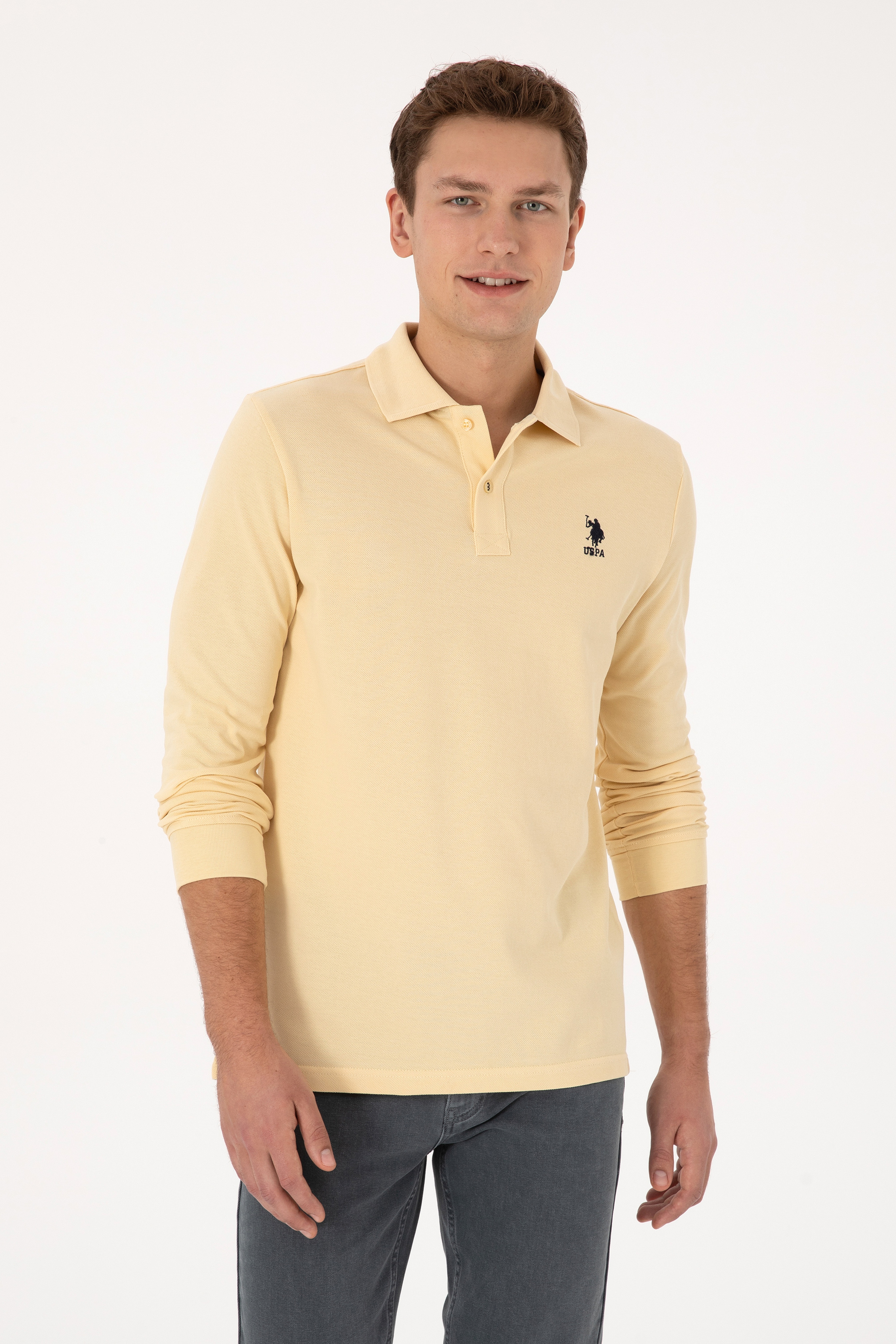 Erkek Regular Fit Polo Yaka Beyaz Basic Sweatshirt - Image 1