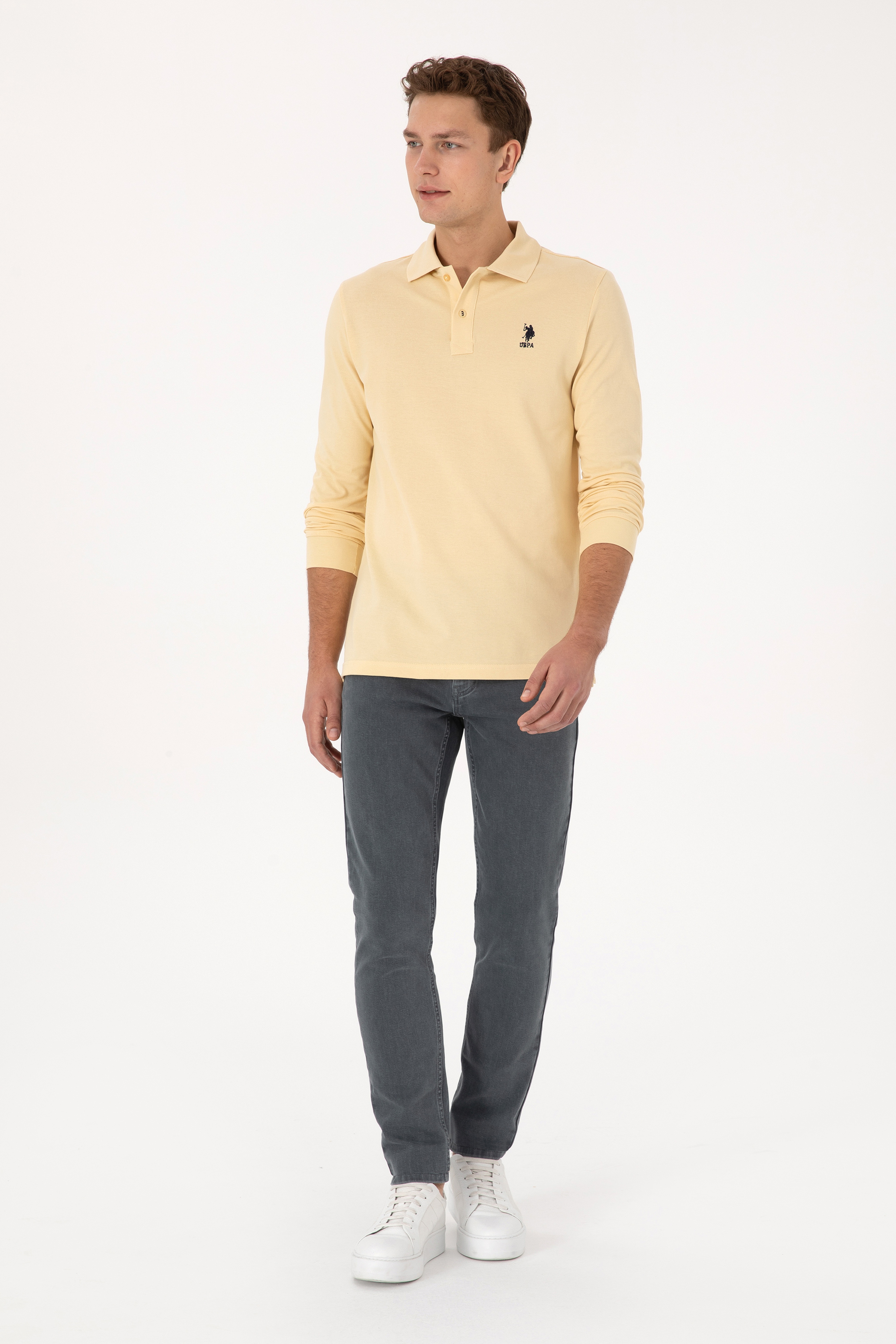 Erkek Regular Fit Polo Yaka Beyaz Basic Sweatshirt - Image 4