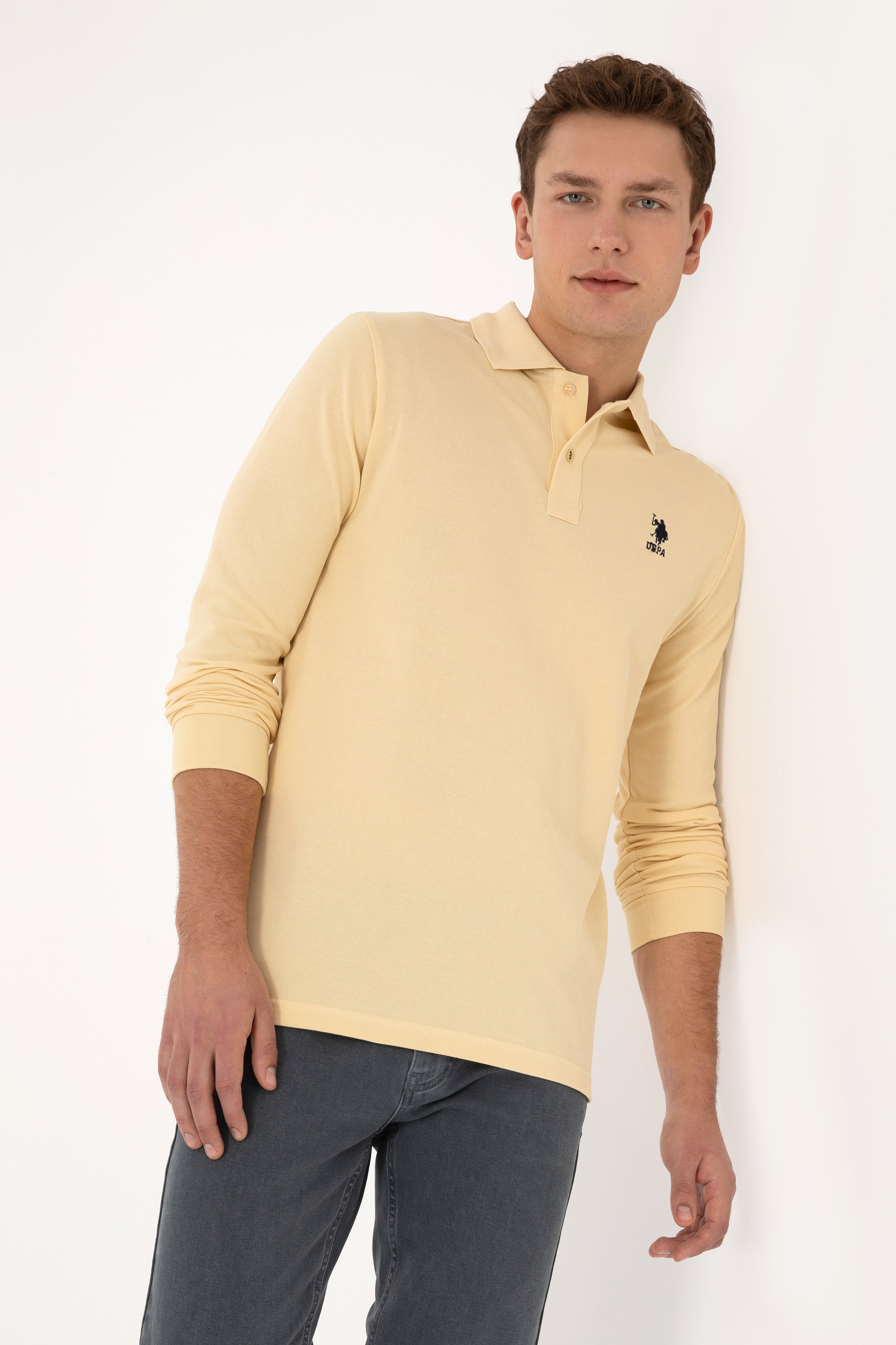 Erkek Regular Fit Polo Yaka Beyaz Basic Sweatshirt - Image 3