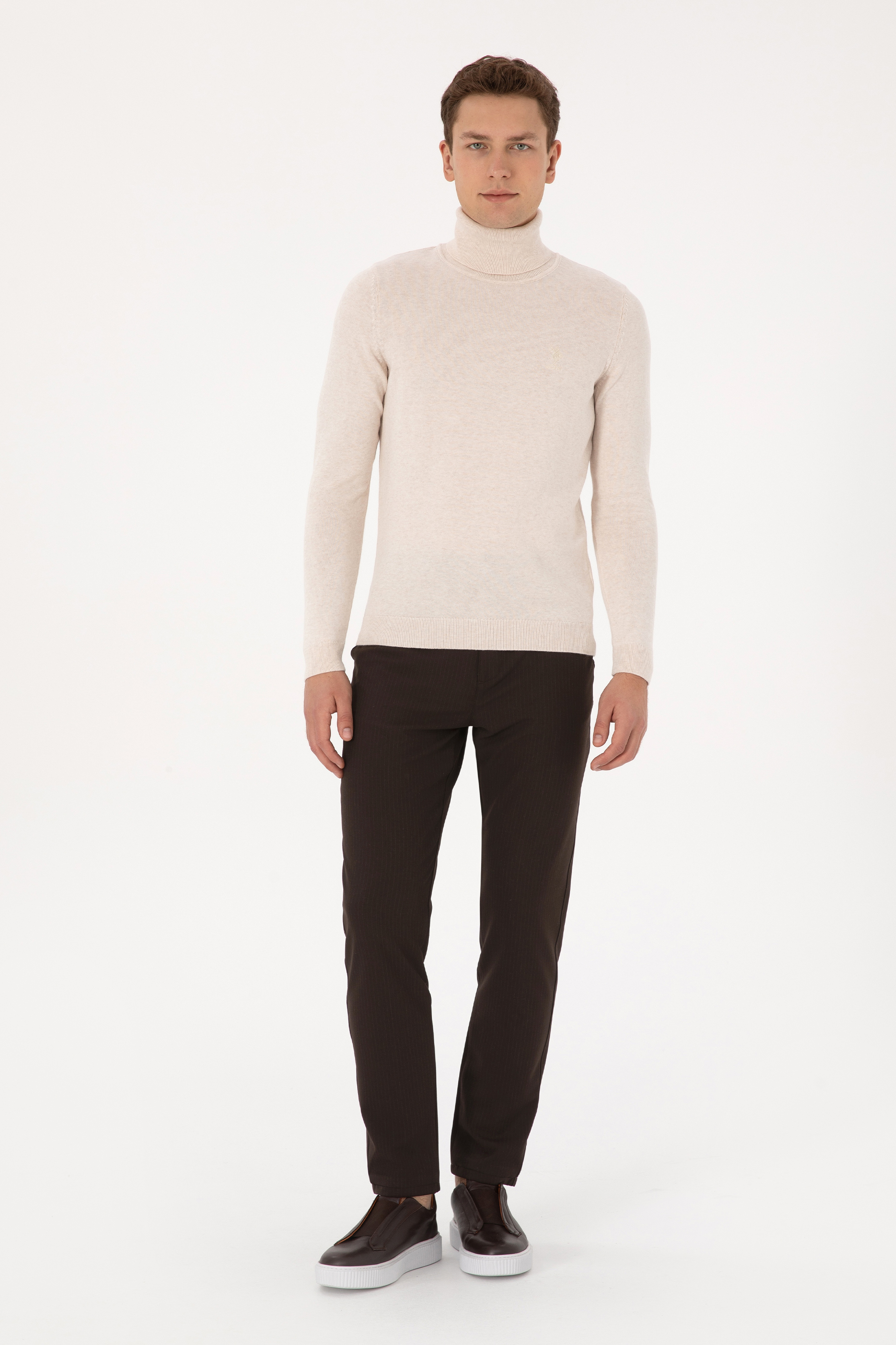 Erkek Slim Fit Balıkçı Yaka Krem Melanj Basic Kazak - Image 4