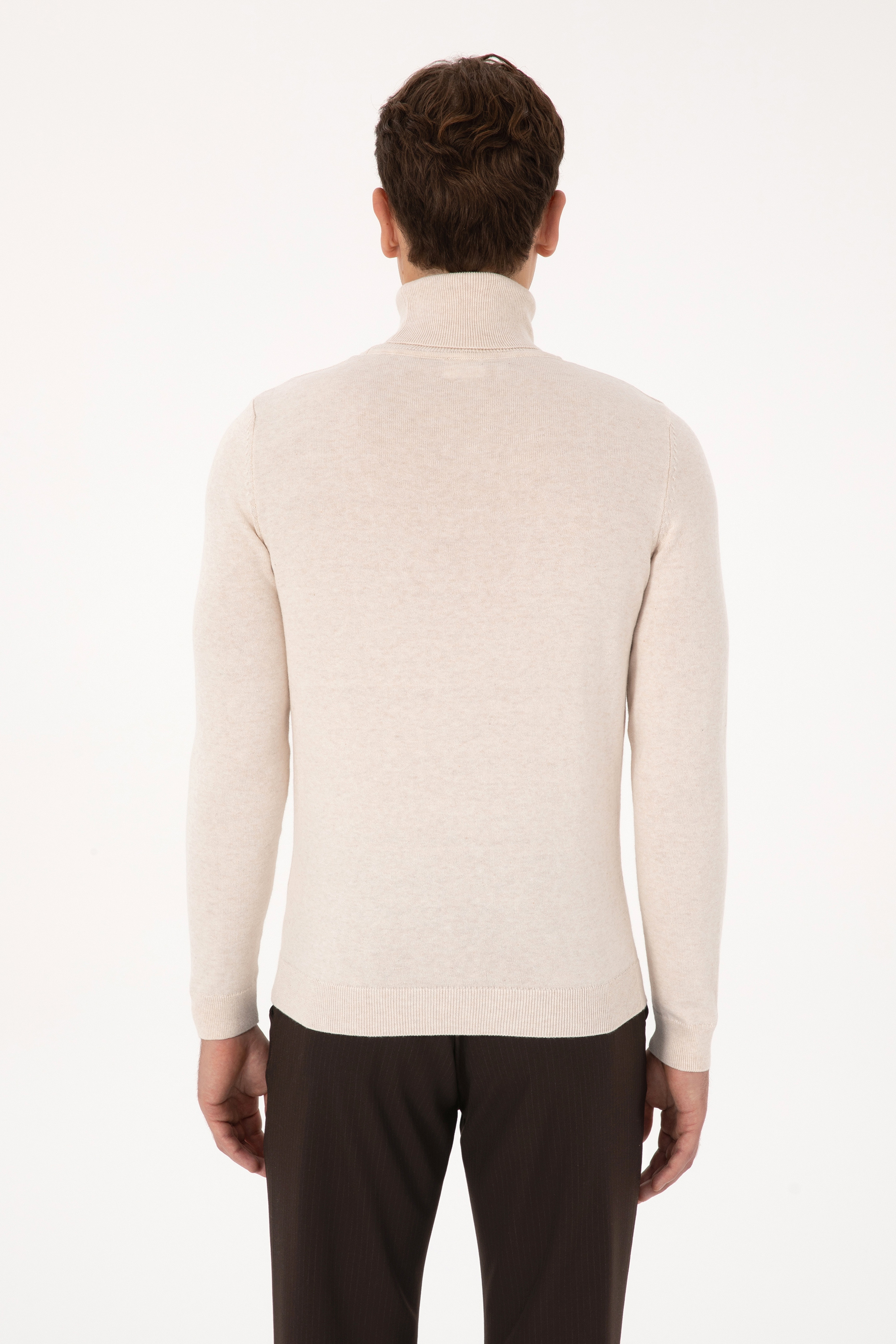Erkek Slim Fit Balıkçı Yaka Krem Melanj Basic Kazak - Image 5