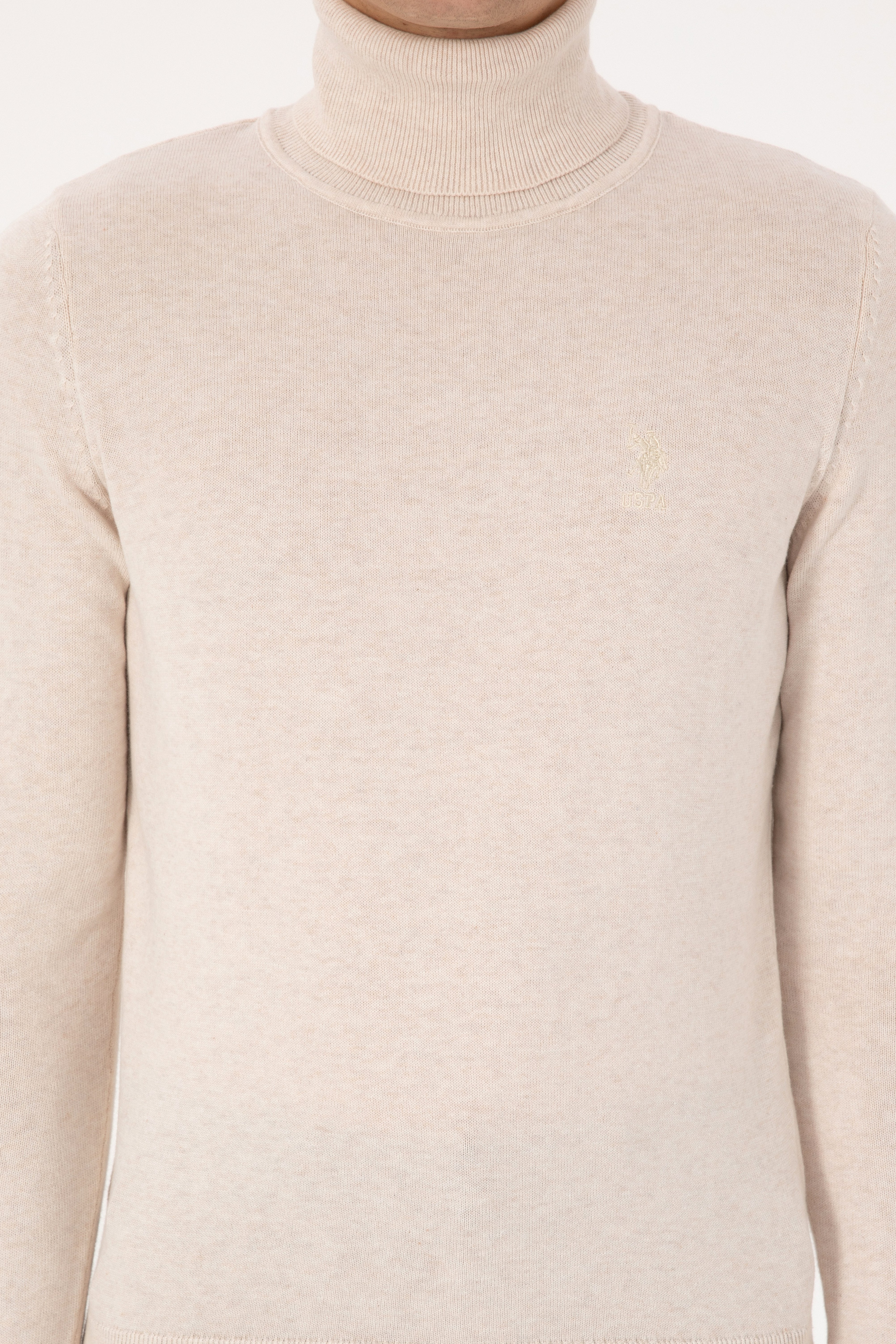 Erkek Slim Fit Balıkçı Yaka Krem Melanj Basic Kazak