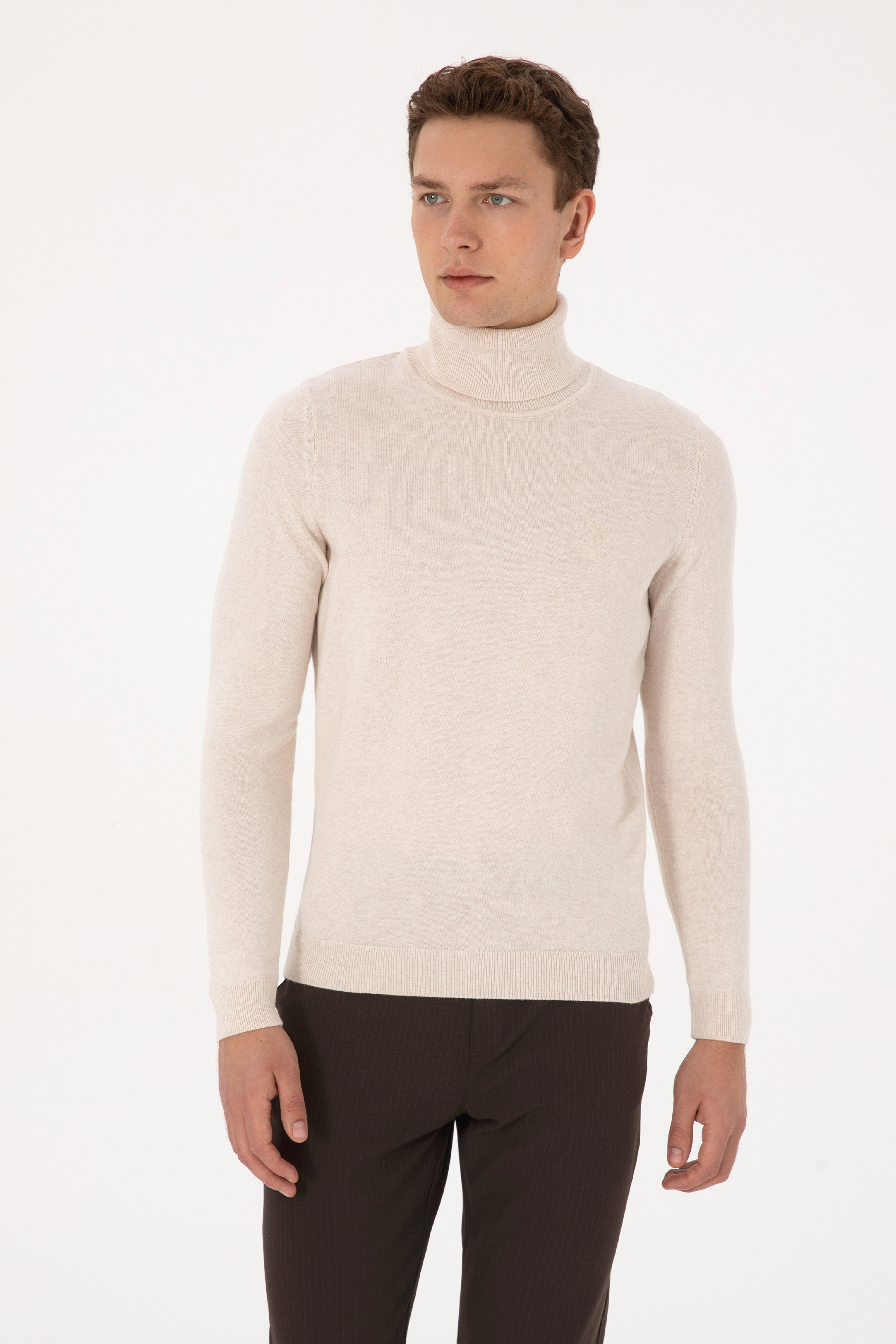 Erkek Slim Fit Balıkçı Yaka Krem Melanj Basic Kazak
