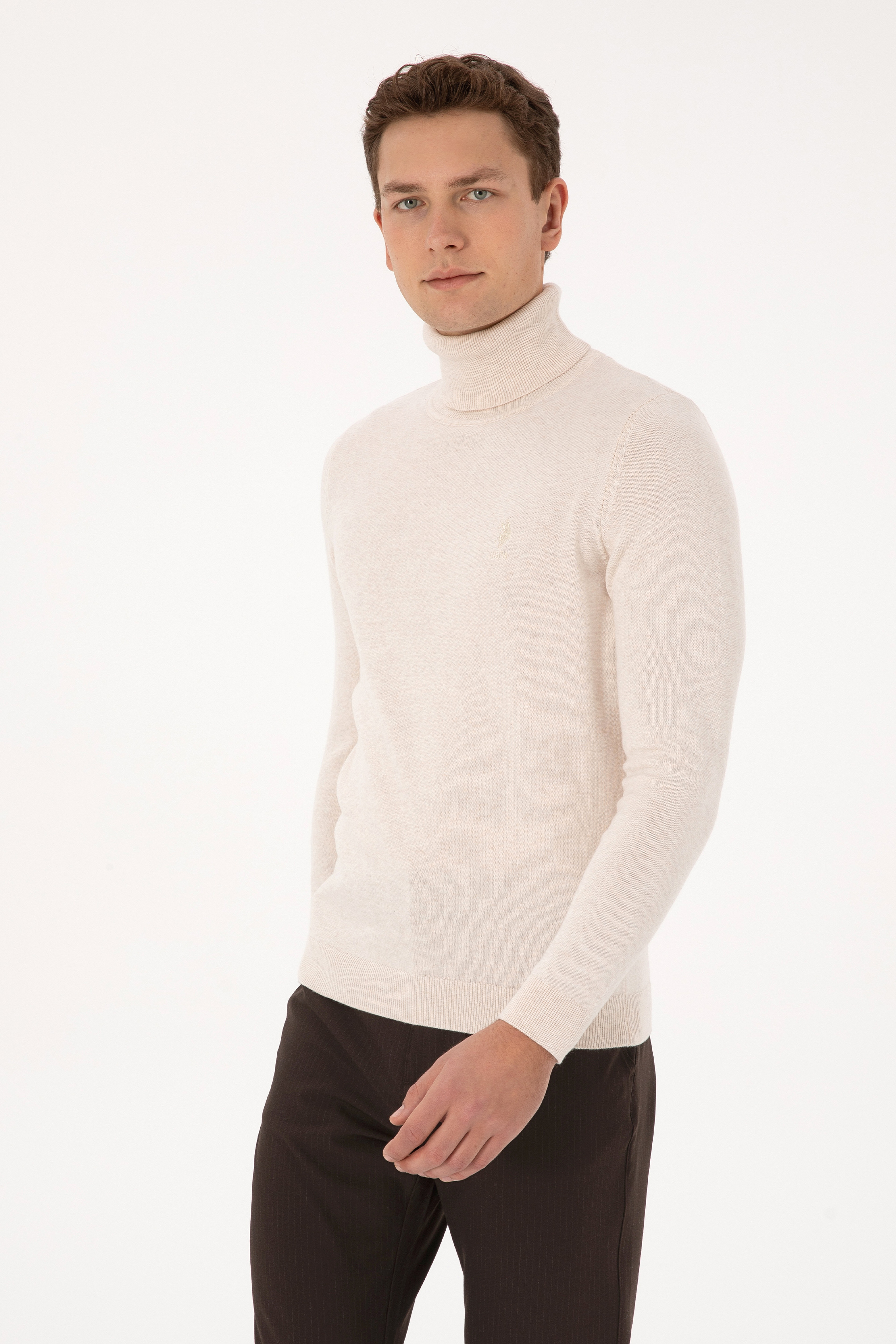 Erkek Slim Fit Balıkçı Yaka Krem Melanj Basic Kazak - Image 3