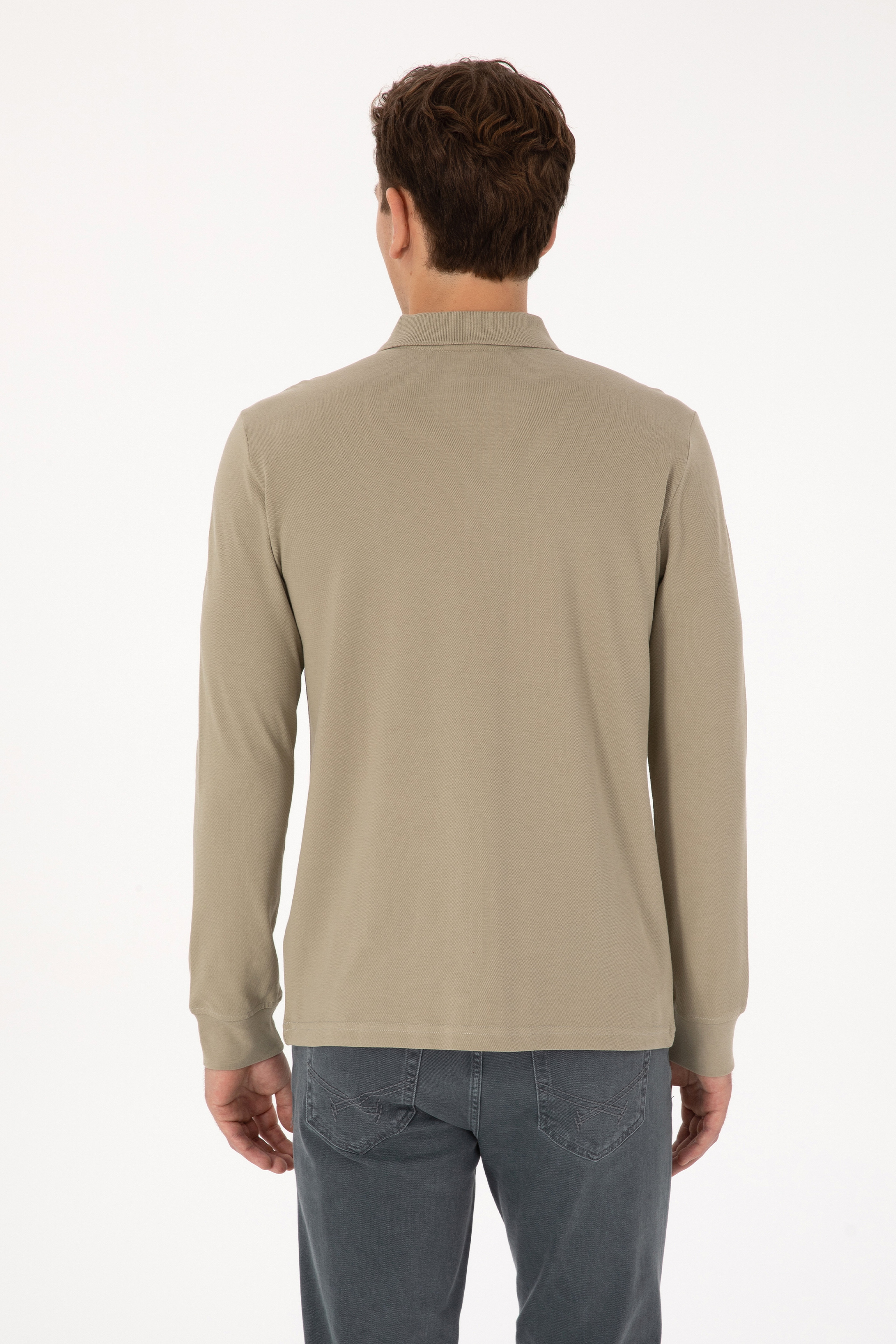 Erkek Regular Fit Polo Yaka Açık Haki Basic Sweatshirt