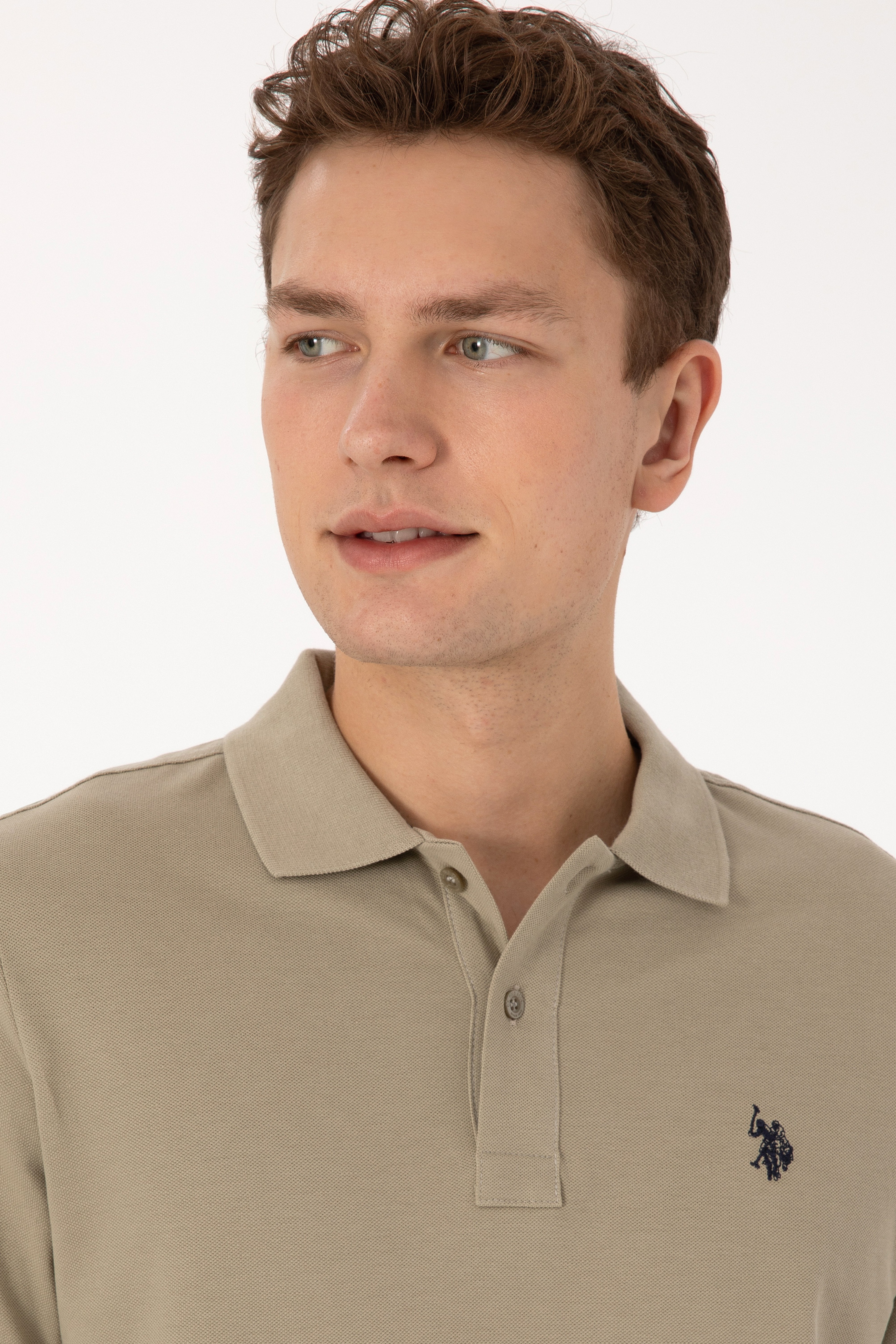 Erkek Regular Fit Polo Yaka Açık Haki Basic Sweatshirt - Image 2
